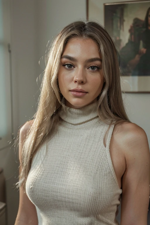 (best quality, 8k, 32k, masterpiece, UHD:1.2), selfie, masterpiece, perfect portrait, (..RAW), natural lighting, photo of a (Beautiful 35 year old woman with platinum hair very straight hair), perfect face, closed mouth, (extremely detailed eyes), (Sagging Tits:0.6), Jiggle Physics, (highly detailed skin), pale skin, photographed on a Canon AE-1 , 55mm f1.9 lens, 35 mm, ISO 200, ((filmic grain)), (turtleneck wool dress)
