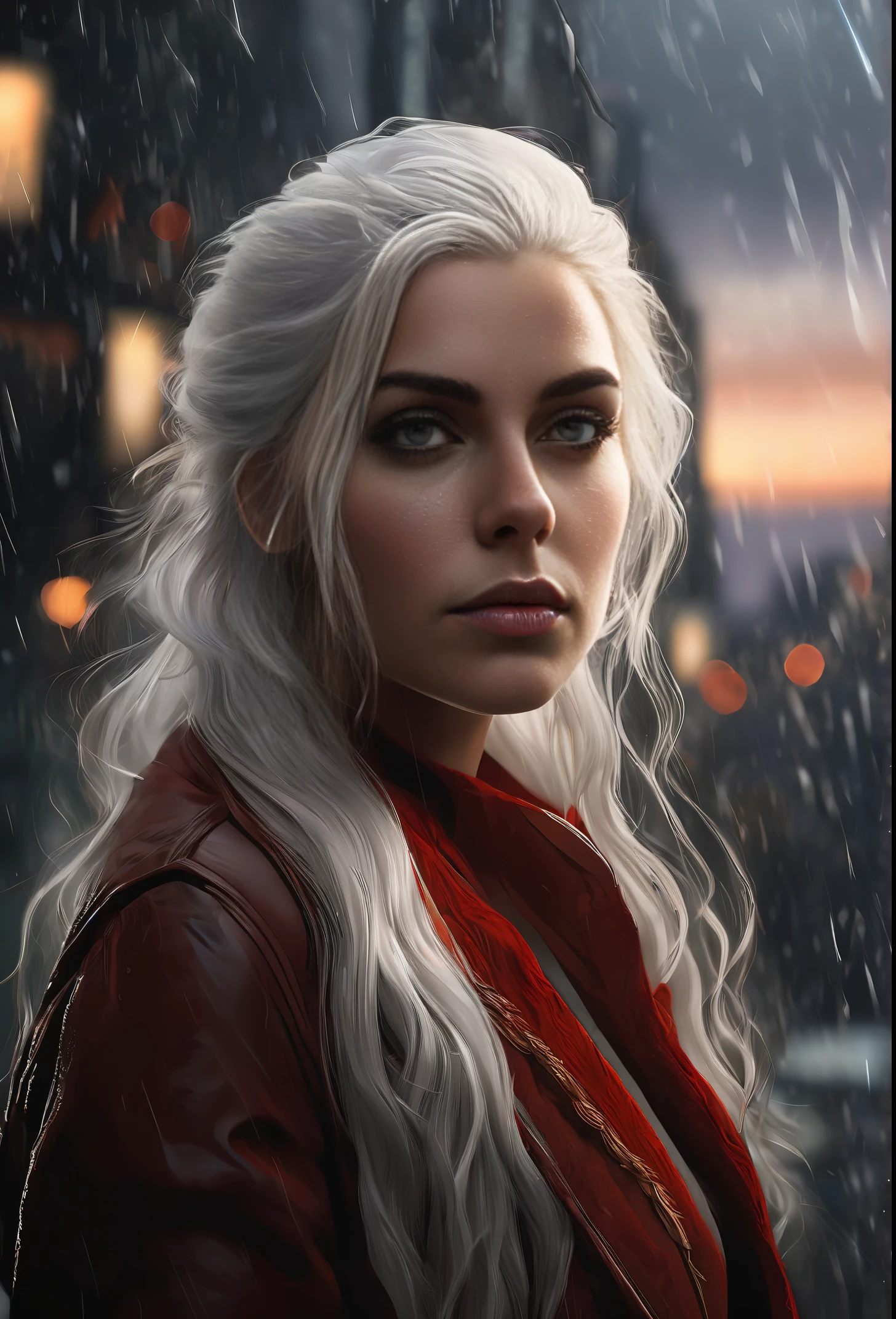 "Masterpiece in 8K resolution, showcasing the best quality and extremely detailed official art. The illustration features a solitary girl with striking white hair and captivating red eyes. Her long, flowing white hair frames a finely detailed beautiful face, and her intense gaze is enhanced by the high resolution. Set against a beautiful landscape of a rainy city, the cinematic lighting adds depth to the scene. The composition captures the upper body of the girl, looking directly at the viewer in a close-up shot. The image incorporates bokeh and depth of field, emphasizing the intricate details and creating a mesmerizing visual experience."