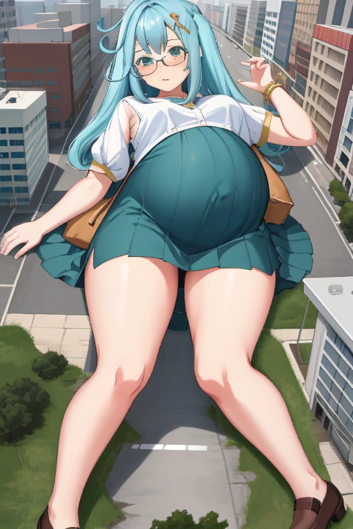 Giant maiden,Moe two-dimensional style,Pregnancy status,Round belly,Gaze at the bustling city, Looking at viewer, Blush, Pout, Tsundere, Lying down, Burp, Glasses, Full body