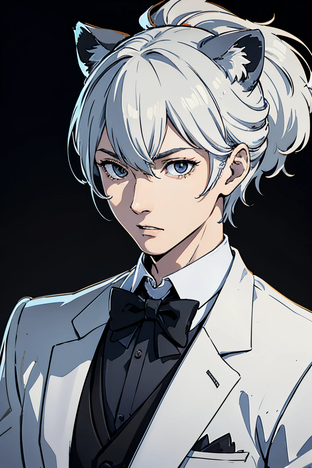 There's a man with silver hair in a tuxedo with large lion ears and lion mask in low pole rendering with a bow tie, he has his mouth open with teeth showing,un rendu low poly par Kanbun Master, reddit, digital art, Photo de profil Discord, fvckrender, Discord PFP, Portrait NFT, elegant, Il porte un haut-de-forme, Samdoesart, SamdoesArts, L’art NFT, masque blanc