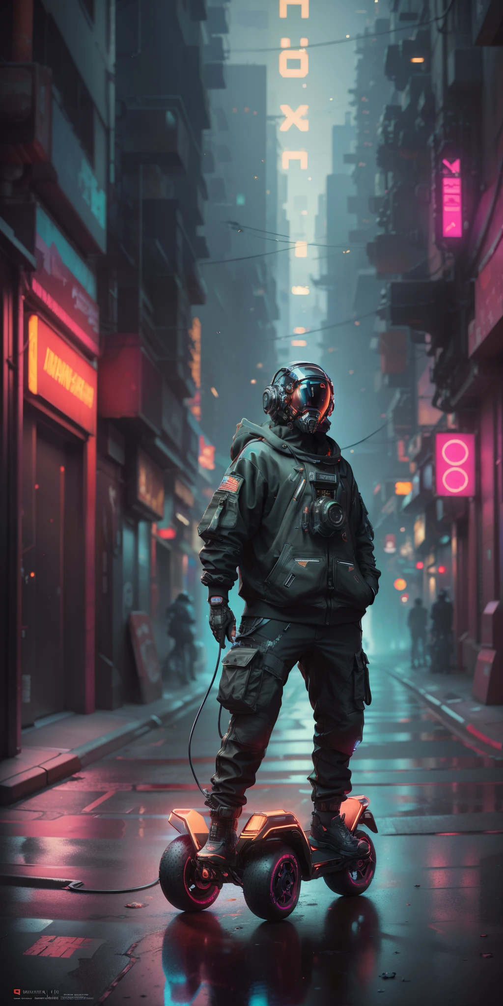 (masterpiece, full body shot, intricate raw photography) Cyberpunk citizen, comfortable oversize black hoodie, black cargo pants, black clothes, dark, wearing a black helmet hitech style Astronaut, intricate, futuristic, advanced technology, dark environment, dramatic, light and shadow, cinematic, action movie, sharpness, random relaxed position, Cyberpunk City, street lights, dark street, night, Insta photo, photo of the year, octane render, substance, Maya 3D, cinema4D, ArtStation Trending, Devian Art Trend, riding hoverboard, graffiti painting