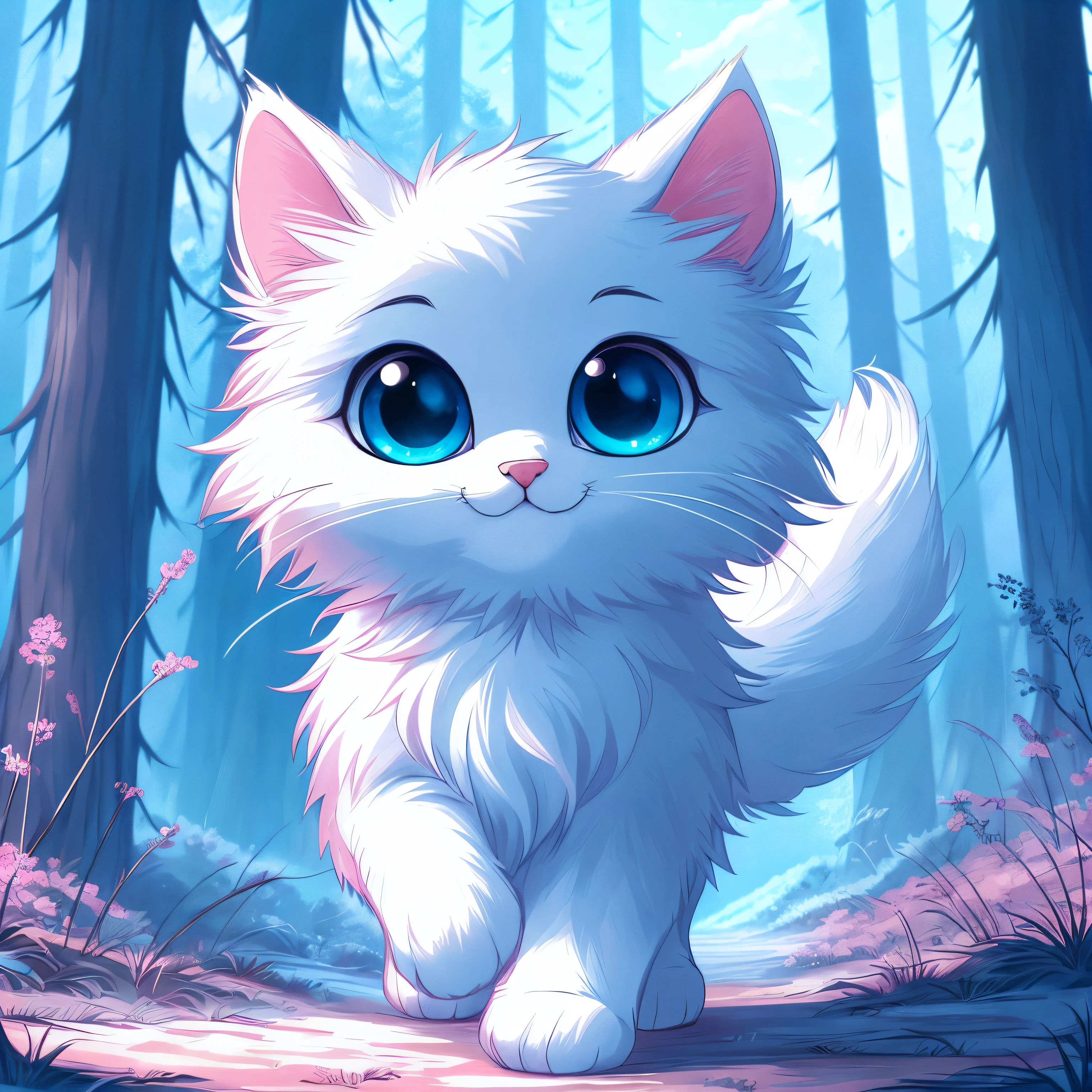 Anime cat with blue eyes walking in the forest, cute detailed digital art, Adorable Digital Painting, anime cat, Cute digital art, anime visual of a cute cat, realistic anime cat, Cat in the forest, very very beautiful furry art, Cute cat, cute detailed artwork, very beautiful cute catgirl, Dream Animal Cute Eyes, Furry digital art, furry fantasy art