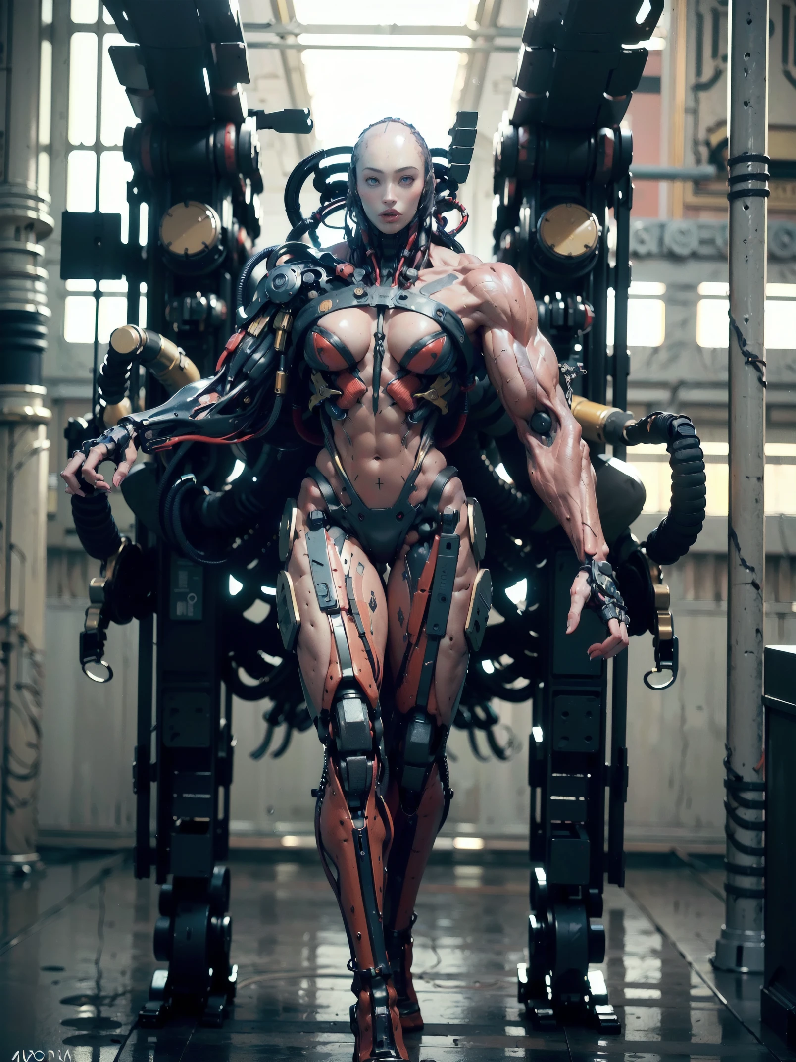 (beautiful muscular female cyborg:1.25), (megan-fox:1.5), (full body pose), (mechanical muscles and tendons:1.5), (no hair), (bald head covered in cables:1.5), (robotic mechanical physique:1.5), (super muscular female cyborg:1.5), (covered in cables and mechanical muscles:1.5), (android muscular anatomy:1.5), (perfect fingers:1.25),(8k, RAW photo, photorealistic:1.25), sci fi atmosphere, futuristic dystopia, alien landscape,