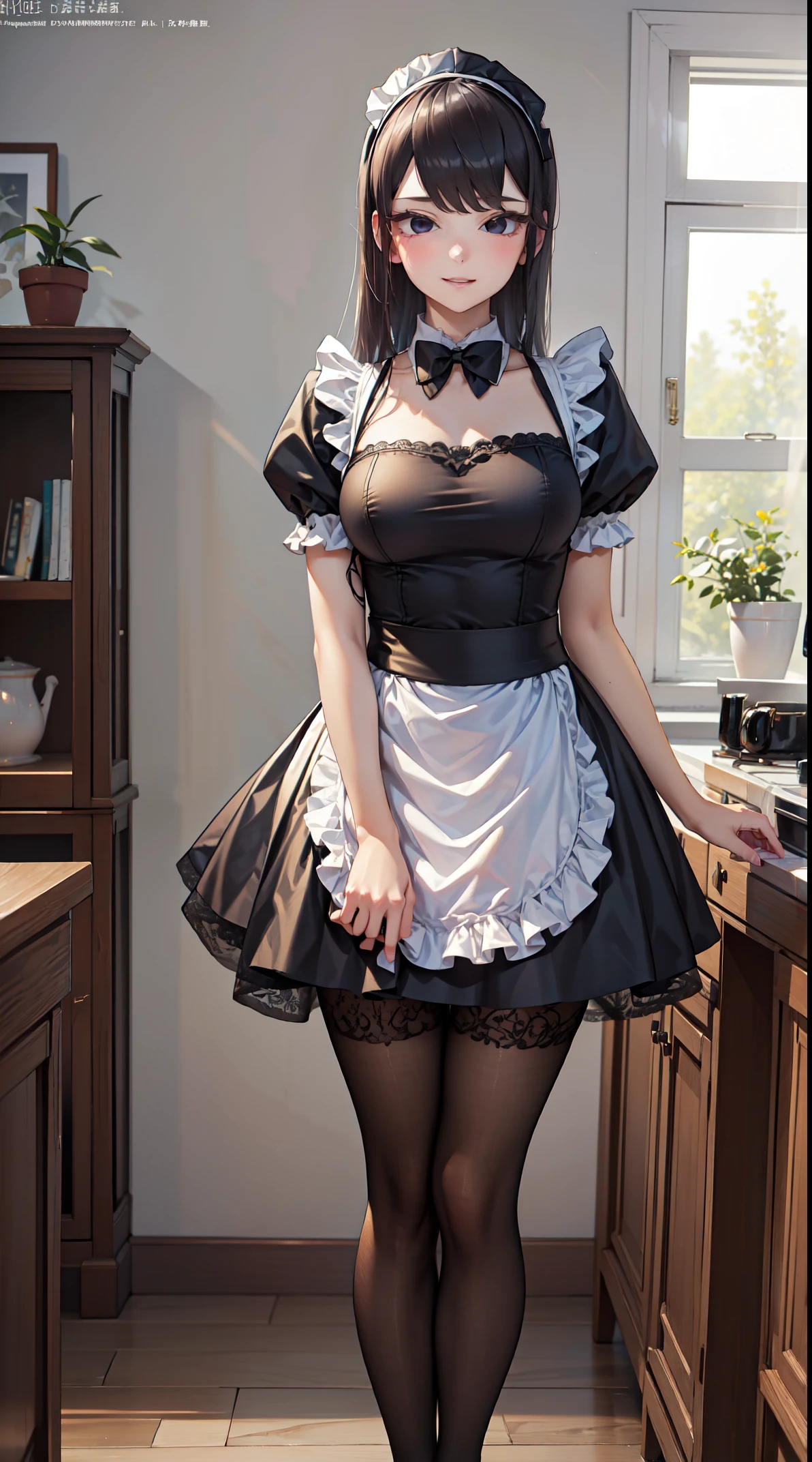 An elegant maid, Komi Shouko, dressed in a stunning maid outfit. Her dress is adorned with intricate lace trimmings, adding a touch of sophistication to her appearance. She wears a pair of delicate stockings that highlight her slender legs and complement her overall outfit. Komi Shouko's captivating beauty is accentuated by her ample bosom, which is subtly emphasized by the fitted bodice of her maid dress. Her eyes, framed by long lashes, radiate a gentle and warm expression, captivating anyone who gazes upon them. With meticulous attention to detail, her lips are beautifully defined, adding a touch of allure to her gracious smile. The image quality is of the highest standard, capturing every intricate detail in astonishing depth. The ultra-detailed representation ensures that every aspect is rendered with precision and clarity, resulting in a masterpiece worthy of admiration. The scene is illuminated by soft, natural light that highlights the subtle nuances of color and texture, creating a visually captivating experience, obscene.