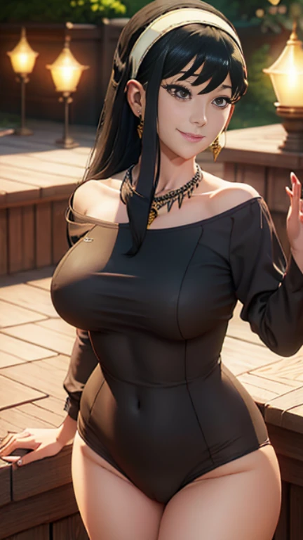 (masterpiece), best quality, ultra realistic detailed brown eyes, perfect face, night garden background, wearing a beautiful lingering dress with sleeve and cotton panty, flower necklace on her head,looking at viewers, massive boobs with thigh legs, looking at viewers, front facing, front view, happy face,large smile, perfect curvy shaped beautiful body, realistic body , black long hair,