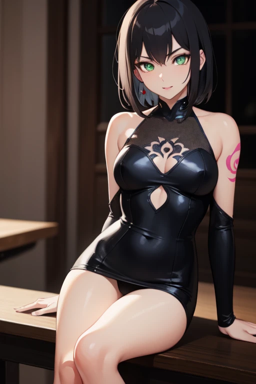 ((best quality)), ((masterpiece)), (detailed), perfect face, evil girl, sexy, short clothes, revealing clothes, leaning on the table, short black hair, "spade" tattoos, evil glowing eyes, green eyes,