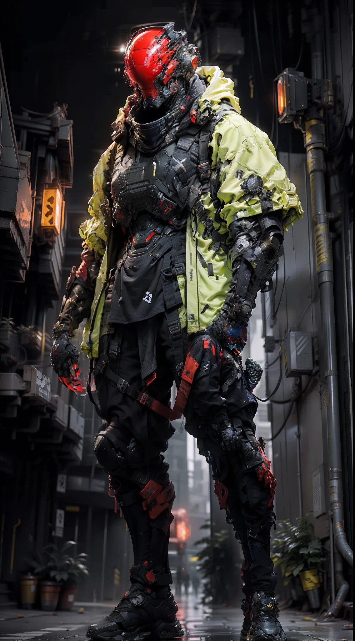 stunning artwork, extremely high quality artwork, beautiful artwork, colorful hyperrealism, beeple colors, blue, red, grey, wide shot, (best quality,4k,8k,highres,masterpiece:1.2),ultra-detailed,(realistic,photorealistic,photo-realistic:1.37),HDR,UHD,studio lighting,full body plane, a futuristic-looking ((red chrome cyboran with a fantastic ((square cyberhelmet head with yellow and red lights)), wearing a pair of ((iron gray tactical gloves)), dressed in a ((black and red techwear jacket)) and a ((black and red tactical trousers)), standing in cyberpunk city, face focus UHD, anatomically correct, best quality, masterpiece