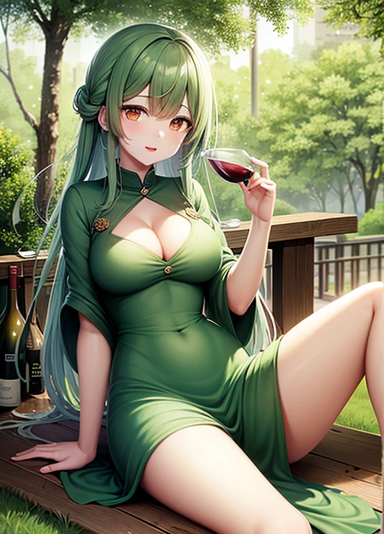 green leaf, flowing sunshine, calm atmosphere, foggy morning, chirping birds, Bright color quality, A high resolution), Detailed tree trunk, peaceful scenery, Peaceful atmosphere, in pastel shades, immersive experience, attractive beauty, and natural masterpieces.

Beautiful Nahida, couple, The wine bottle inside her , Wine bottle with hands under thighs,  full, oda&#39;There&#39;s a lot on the bottle