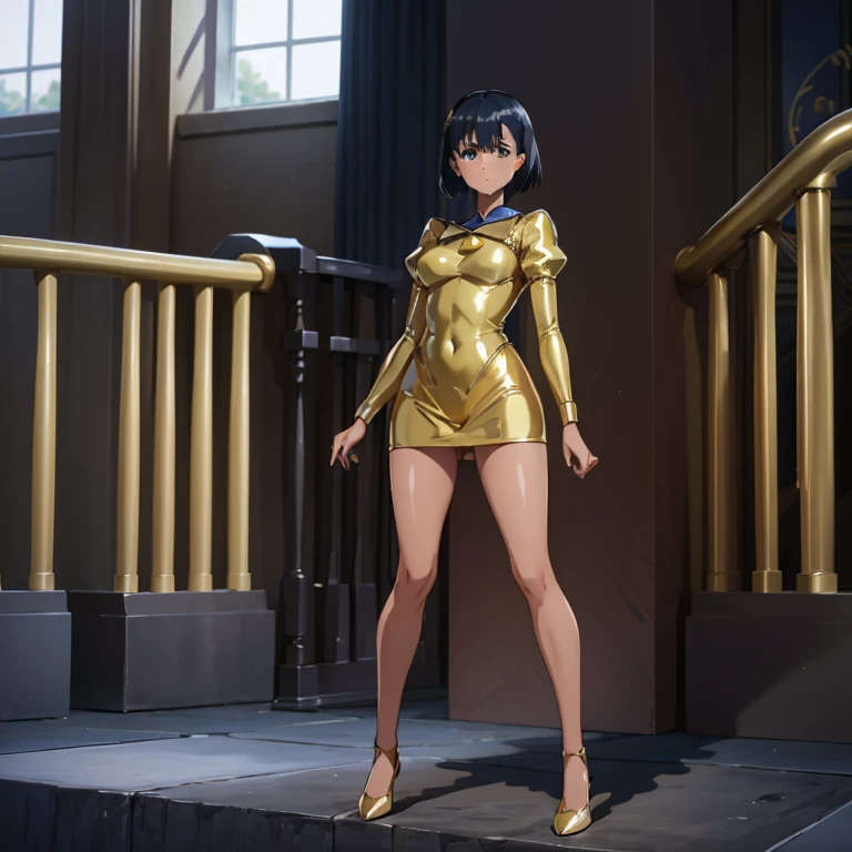 Masterpiece, Best Quality, Highly detailed, illustration, absurdres, 1girl, solo, expressionless, blank eyes, looking at viewer, emotionless, corrution, mind control, female combatant, full body, hypnotized, unhappy trance, both arms at side, obey, perfect female body, extremely glossy latex, hypnosis, hypnoLora, empty eyes, Mind control device, arm at side, stand up straight, standing, standing at attention, latex, gold delmo uniform, golden delmo uniform, delmo uniform, tight miniskirt, pencil skirt, ultra-detailed, Explicit, Beautiful body, Beautiful Nose, Beautiful character design, perfect eyes, perfect face, ultra highres, 4K, beautiful legs, perfect legs, Nice hands, Perfect hand, Dark skin, black hair, short hair, blue eyes, puffy sleeves, looking at viewer, light reflect on clothes, (golden delmo uniform, gold metal foil uniform, gold delmo, golden sleeve, red stripes, tight golden miniskirt, gold shoes), SummerTime Rendering, Kofune mio, gold latex