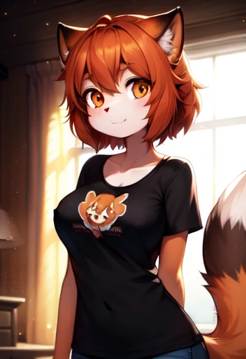 hairy, brown fur, ultra cute face, orange eyes, medium hair, medium breasts, dark brown elements in the fur, bright t-shirt, beautiful lights and shadows, ambient light, ultra detailed hair, volumetric light, cute tail, low-cut t-shirt, cute panties