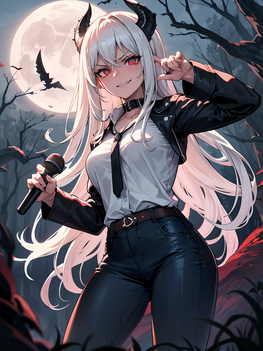 Bad girl, mature woman, older, long chiseled face, masterpiece, best quality, ultra detailed, 1 girl,
Ivory-maned siren, long hair, ruby eyes, haunting gaze, painstakingly crafted eyes, devilish smirk with fangs, black leather jacket, blue jeans, black boots, black v neck shirt, night, moonlight, trees, plants, flowers, bats fling in background, horror scenery, detailed scenery, holding a microphone in right hand, standing up