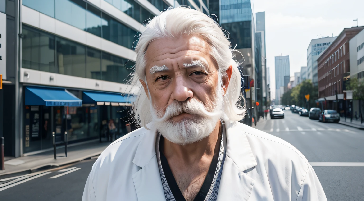 tmasterpiece, Best quality, Faraway view,70 years old,Old man has wrinkles on his face, Absolutely positive, intense white hair, white mustache,actual, the workplace, high high quality, Upper part of the body,Bust photo,Street, Global light, with a pure white background