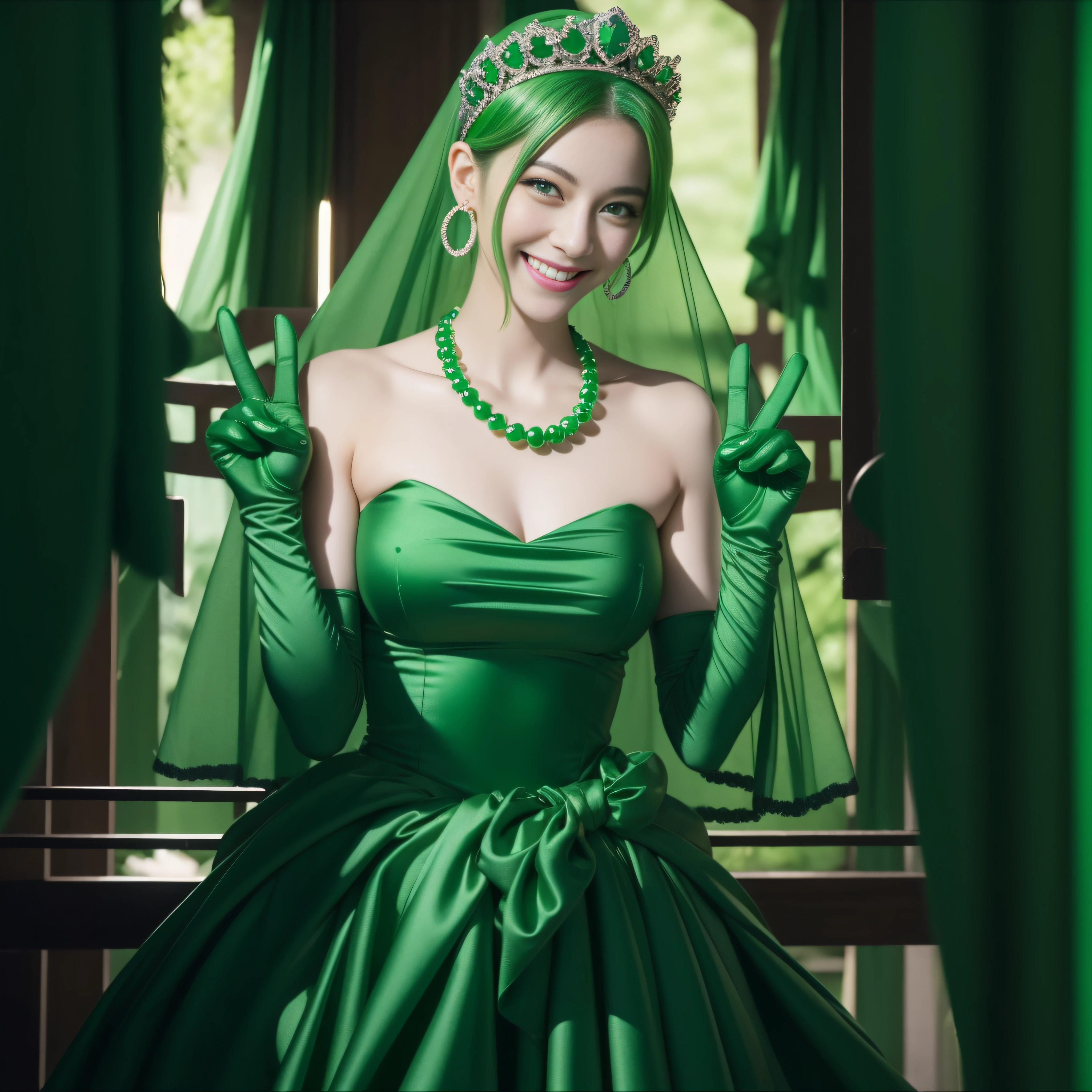 emerald tiara, Green Pearl Necklace, Boyish very short green hair, lipsticks, Japan woman smiling, very short short hair, big breasts beautiful, Green eyes, Long green gloves made of satin material, Green eyes, v sign,V-sign with both hands, Emerald Earrings, Green hair