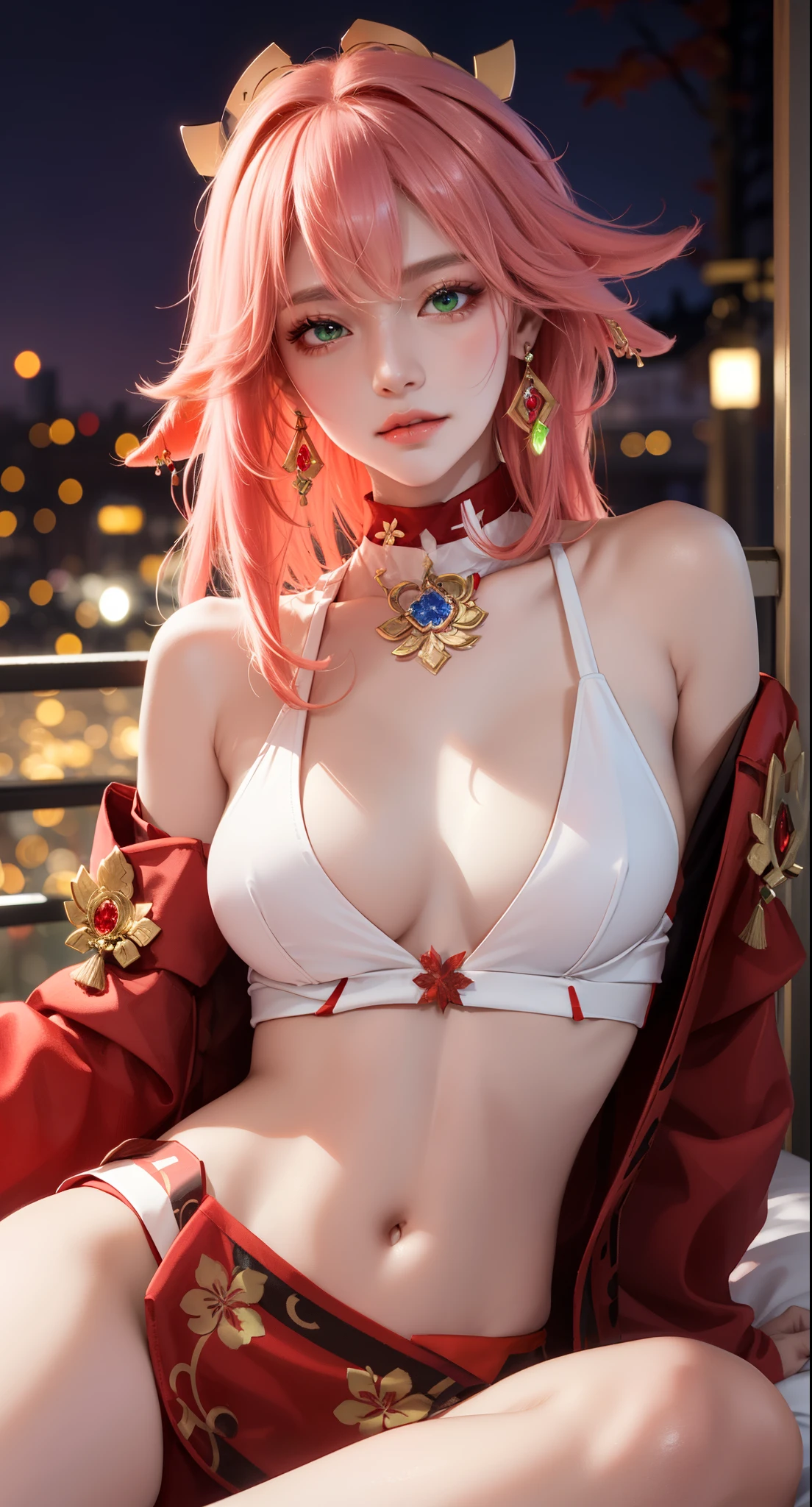 on bed, lying on bed sexy, (Masterpiece, Excellent, 1girl, solo, complex details, color difference), realism, ((medium breath)), off-the-shoulders, big breasts, sexy, Yae Miko, long pink hair, red headdress, red highlight, hair above one eye, green eyes, earrings, sharp eyes, perfectly symmetrical figure, choker, neon shirt, open jacket, turtleneck sweater, graffiti, dim lighting, alley, looking at the audience, ((mean, seductive, charming)), ((autumn background))), ((tokyo background)))), (((luminous background))), (dynamic pose), tulle, bare shoulders, blooming flower fields, radiant skin, faint smile, sexy, bust, no breast cover, naked, cocked ass, tummy look