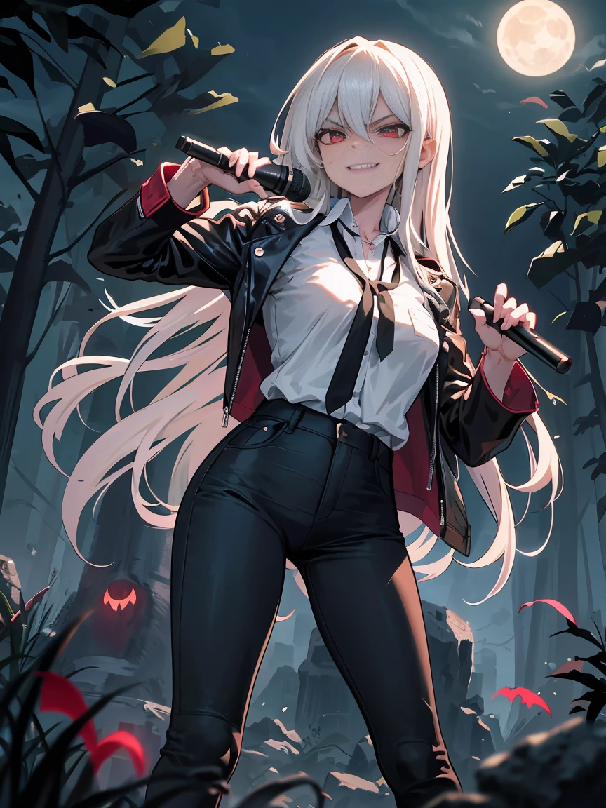 Bad girl, mature woman, older, long chiseled face, masterpiece, best quality, ultra detailed, 1 girl,
Ivory-maned siren, long hair, ruby eyes, haunting gaze, painstakingly crafted eyes, devilish smirk with fangs, black leather jacket, blue jeans, black boots, black v neck shirt, night, moonlight, trees, plants, flowers, bats fling in background, horror scenery, detailed scenery, holding a microphone in right hand, standing up