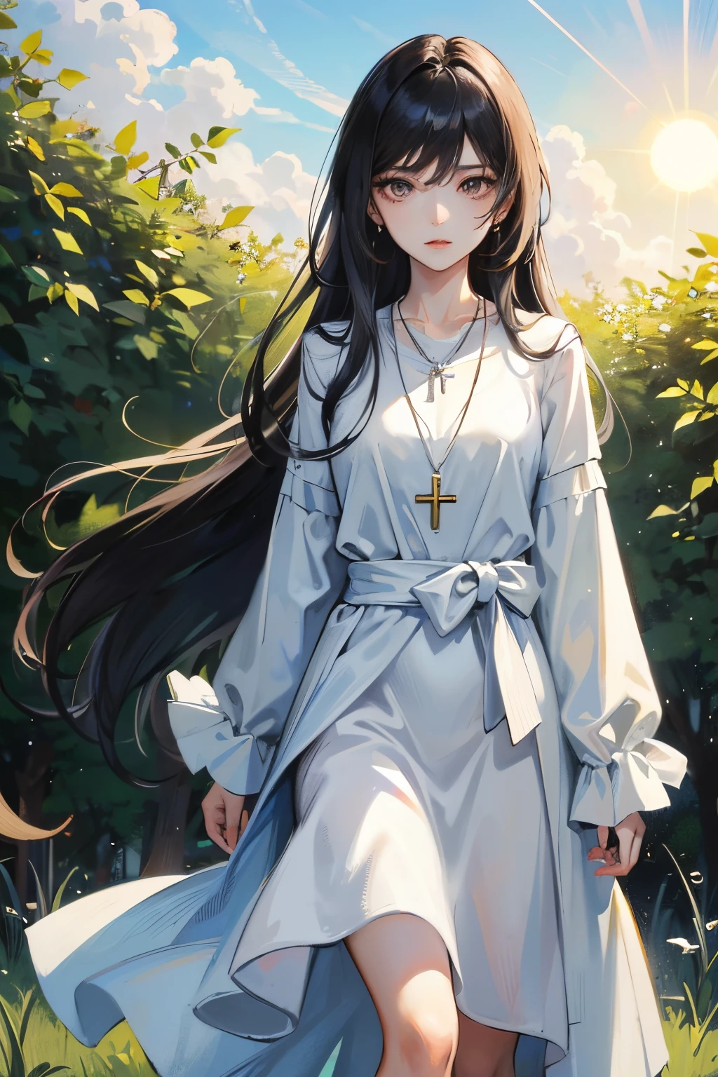 The long-haired black-haired lady looks disdainfully at the camera, half-length without bangs and the sun is shining down, wearing a cross necklace and half-length body