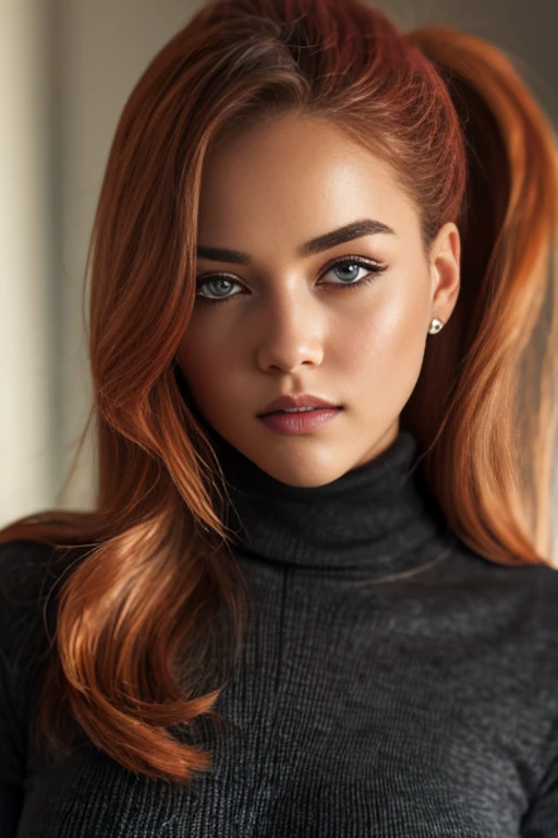Redhead, high ponytail, (close up shot, glancing left), full lips, modelesque figure, emarald green eyes, full body, soft lighting, red jacket on black turtleneck, , one person photoshoot, expressionless, leggings
