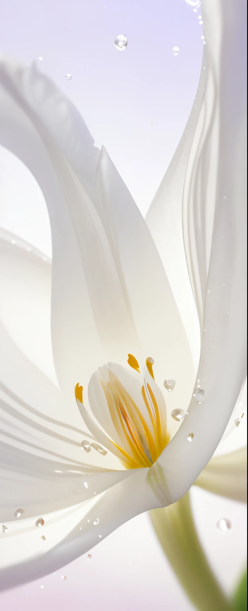the delicate beauty of a single white tulip in full bloom. morning ambiance dance on the dewdrops clinging to the veins, creating a mesmerizing sparkle. Use a soft focus to blur the edges, adding an air of ethereal beauty. macro photography, emphasizing the intricate details of the flower's structure. Aim for a high-definition, photorealistic style with a touch of impressionism, ample headroom