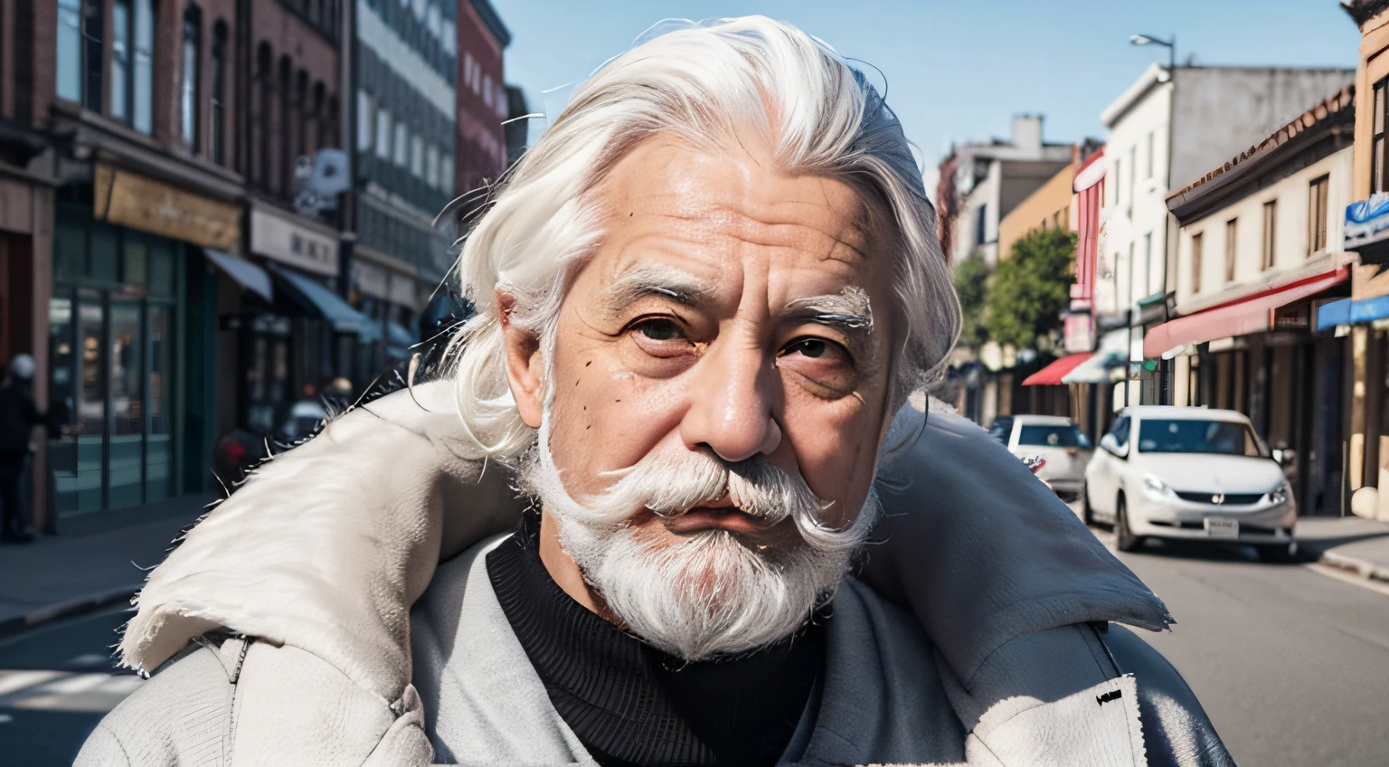 tmasterpiece, Best quality at best, Faraway view,70 years old,Old man has wrinkles on his face, Absolutely positive, intense white hair, white mustache,actual, the workplace, high high quality, Upper part of the body,Bust photo,the street, Global light, with a pure white background