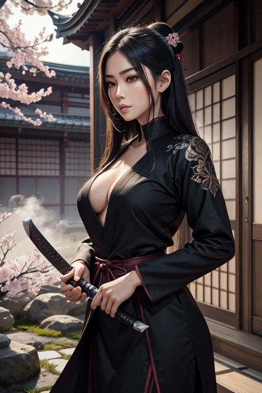 perfectart:ultra-detailed,highres,photorealistic,oriental ninja girl,beautiful detailed eyes,beautiful detailed lips,extremely detailed eyes and face,longeyelashes,[mask],[big breasts],black kurta,armed with katanas,striking a dynamic pose,stunning garden scenery,traditional japanese architecture,subtle lighting,subtle color palette,delicate cherry blossom petals,thin wisps of smoke swirling in the air,hint of mystery and danger,an atmosphere of tranquility and strength