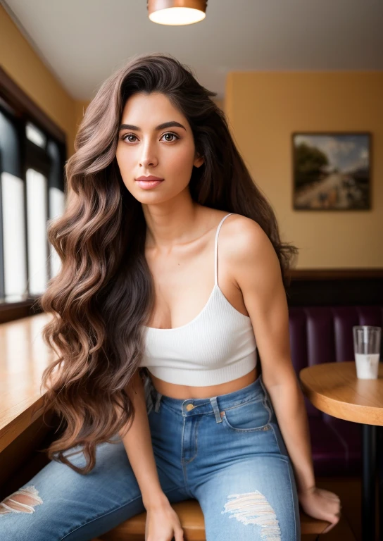 beautiful long hairs, crazy long hairs, super long hairs, long hair, crazy long hairs, super long hairs, ((nsfw)), 8k, RAW photo, best quality, ultra high res, photorealistic, realistic photo of a girl wearing a croptop, bare shoulders, jeans, sitting in a diner, beautiful, detailed face, detailed, highres, realistic, photorealistic, full body, head to toe, legs, matte skin, pores, wrinkletremely detailed CG unity 8k wallpaper), photo of the most beautiful artwork in the world, professional majestic (photography by Steve McCurry), 8k uhd, dslr, soft lighting, high quality, film grain, Fujifilm XT3 sharp focus, f 5.6, High Detail, Sharp focus, dramatic, (looking at viewer:1.2), (natural light)