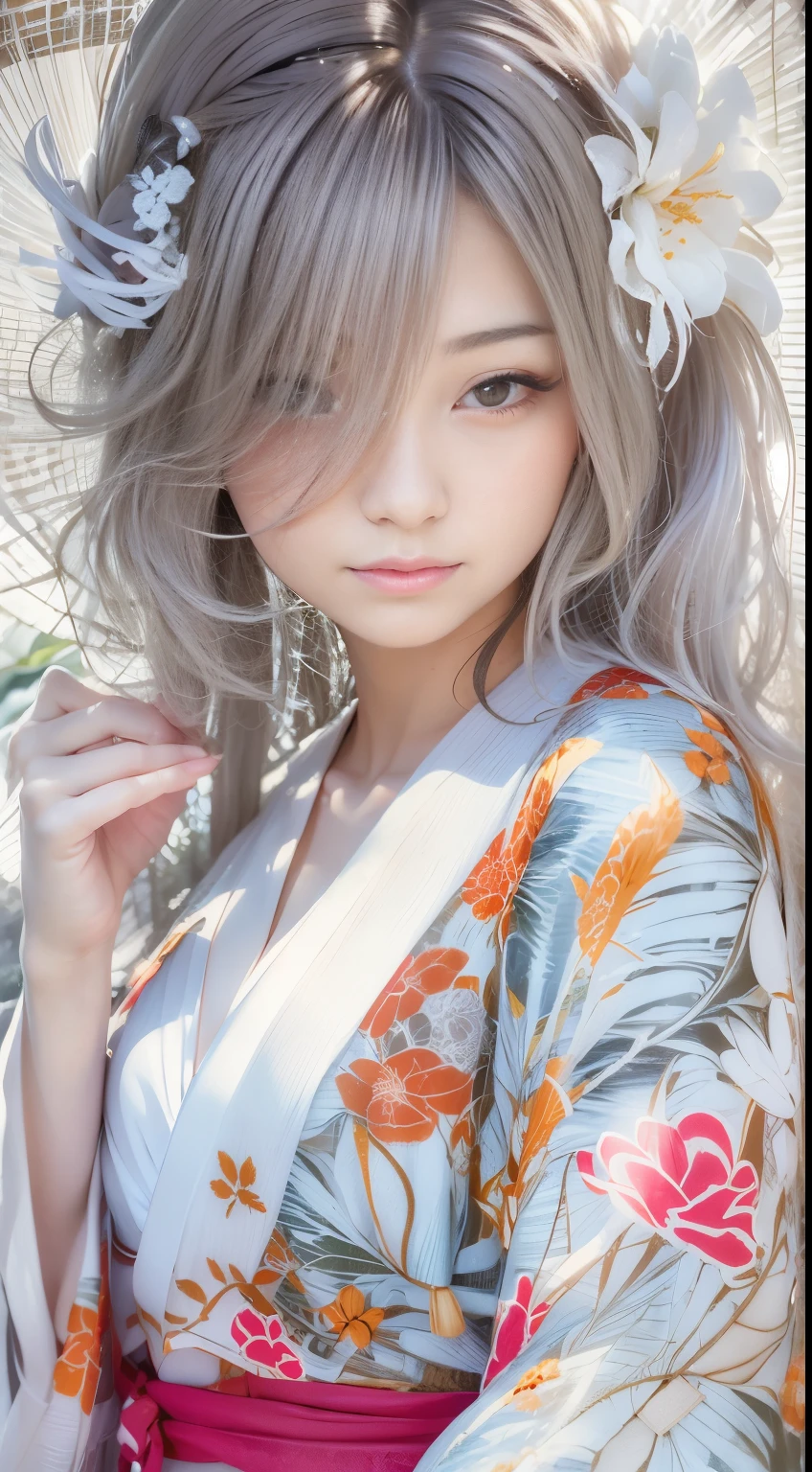 There is a woman wearing a kimono holding a flower-patterned umbrella., in a kimono, in a kimono, Kimono, pale and coloured kimono, Wearing kimono, wearing silver silk robe, japanese kimono, shikamimi, sakimichan, In silver silk robes, Anime Girl , goddess of Japan, Ayami Kojima Amano, portrait a woman like reol, Wearing a kimono