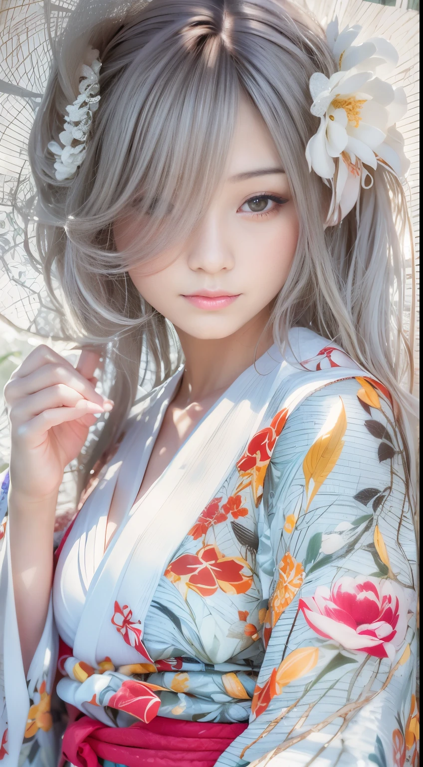 There is a woman wearing a kimono holding a flower-patterned umbrella., in a kimono, in a kimono, Kimono, pale and coloured kimono, Wearing kimono, wearing silver silk robe, japanese kimono, shikamimi, sakimichan, In silver silk robes, Anime Girl , goddess of Japan, Ayami Kojima Amano, portrait a woman like reol, Wearing a kimono