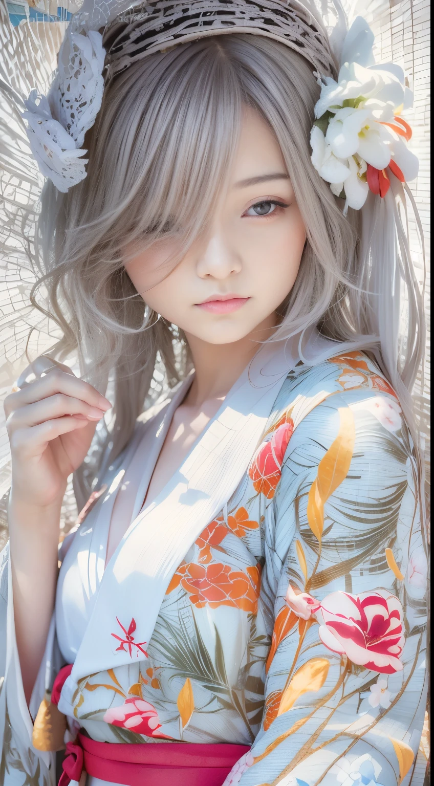 There is a woman wearing a kimono holding a flower-patterned umbrella., in a kimono, in a kimono, Kimono, pale and coloured kimono, Wearing kimono, wearing silver silk robe, japanese kimono, shikamimi, sakimichan, In silver silk robes, Anime Girl , goddess of Japan, Ayami Kojima Amano, portrait a woman like reol, Wearing a kimono