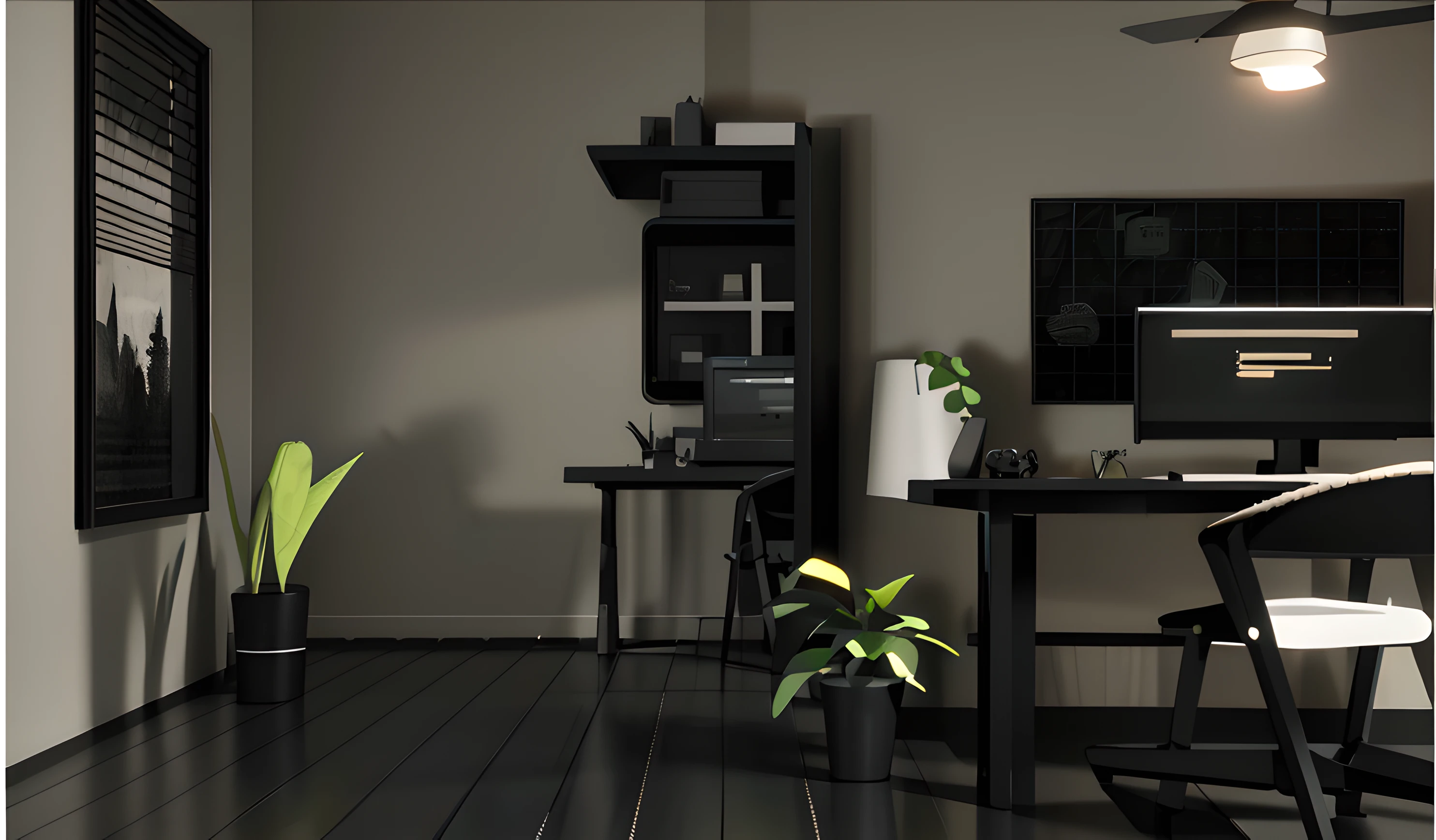 Il s&#39;agit d&#39;An office with a computer and a plant on a black theme with black; Entreprise , Corporate animation style, animation style render, Rendu 3D propre, Rendu aesthetic ;octane!, Demo d&#39;animation 3D real, Scène stylisée 3D color noir , Contexte du bureau, dans le style de rendu 3D, Style 3D realist color black , Subject Rendu de haute quality 4k, Vente photorealist , Rendu promotionnel colore au noir, Style de conception noir sombre , lumière dirigée , dark themed , luminaire Led Neon
