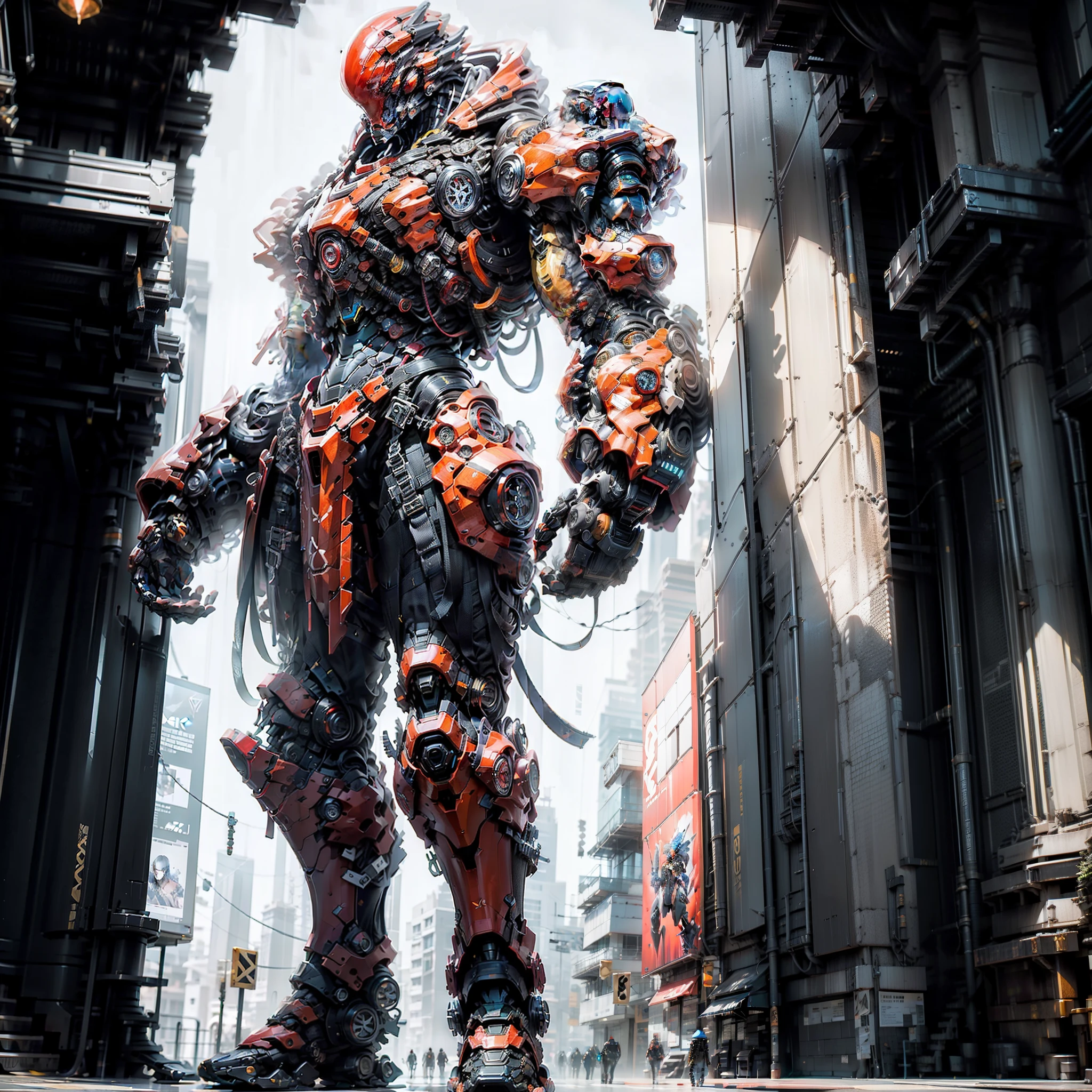 1man, solo, ((color:dark red)), black and red chrome mecha, cyberpunk assassin, full body panel, best quality, masterpieve, UHD, anatomically correct, art, stunning artwork, extremely high quality artwork, beautiful artwork, colorful hyperrealism, beeple colors, blue, red, grey, wide shot, (best quality,4k,8k,highres,masterpiece:1.2),ultra-detailed,(realistic,photorealistic,photo-realistic:1.37),HDR,UHD,studio lighting,