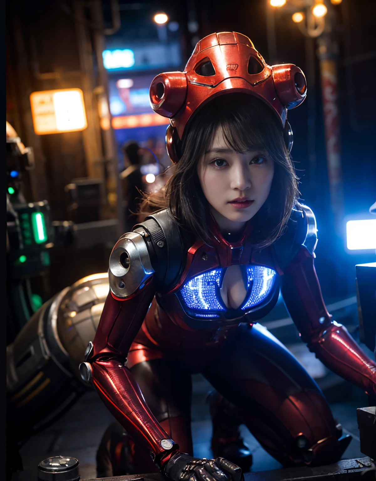 (1 Mechanical Girl)、(Mystical expression)、top-quality、masterpiece、超A high resolution、(Photorealsitic:1.4)、Raw photo、女の子1人、glowy skin、(((1 Mechanical Girl)))、(Red Metal Bodysuit)、(alien background、futuristic alien background)、(Small LED)、((super realistic details))、vertical giant monster background),globalillumination、Shadow、octan render、8K、ultrasharp、机器人、Colossal tits、Raw skin exposed in the cleavage、red metal、Details of complex ornaments、Japan details、highly intricate detail、Realistic light、(Mystical expression),CG Society Trenlow Eyes、Eyes shining towards the camera、Mechanical marginal blood vessels connected to neon detail tubes)、(Wires and cables connecting to the head)、Small LED、,Mechanical thighs、Toostock、(Hands are also made of machines.traces on the cliff)、机器人、future alien、wear a mechanical helmet、