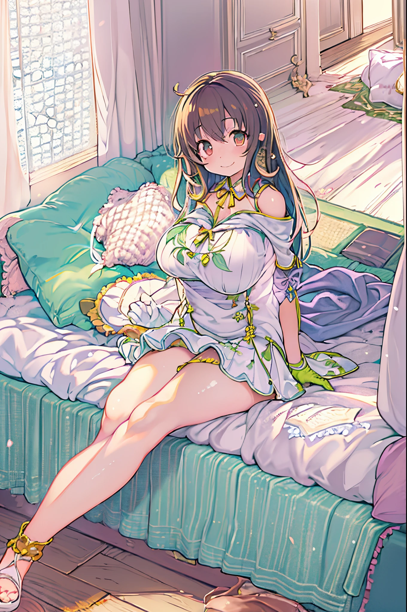 Best Quality, masutepiece, 1girl in, Solo, ferry, Long hair, Ferry base, thighs thighs thighs thighs, Bare shoulders, Jewelry, Sleeveless, White Dress, Blue skirt, gloves, Bedrooms, bed, wood floor, Sitting, sitting on a bed, Hands on legs, subtle smile, Soft lighting, Full body, wide hips, huge-breasted、bbw