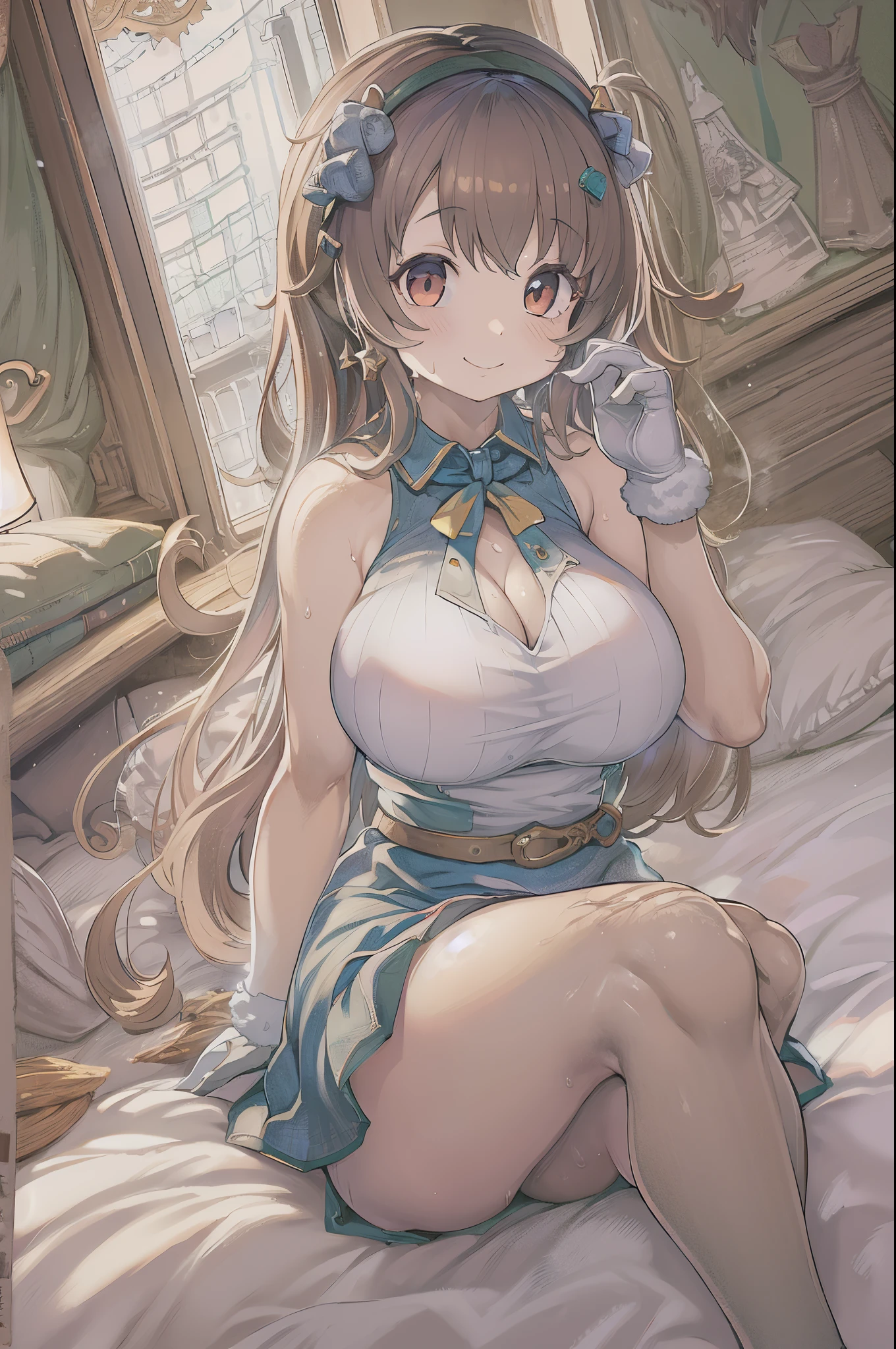 Best Quality, masutepiece, 1girl in, Solo, ferry, Long hair, Ferry base, thighs thighs thighs thighs, Bare shoulders, Jewelry, Sleeveless, White Dress, Blue skirt, gloves, Bedrooms, bed, wood floor, Sitting, sitting on a bed, Hands on legs, subtle smile, Soft lighting, Full body, wide hips, huge-breasted、bbw