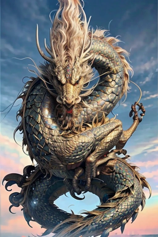 A logo、​masterpiece、(On White Background:1)、Iridescent Chinese dragon surrounded by gold dust、Deities々Right、the wind、Deities、Long body、tusk、Fantasia、myth、hightquality、ighly detailed、​masterpiece、epic poem、Particle effect、Dynamic effects、The background is Mt. Fuji in winter in Japan、facing front、New Year sunrise、The presence of clouds、Default the face of the dragon god