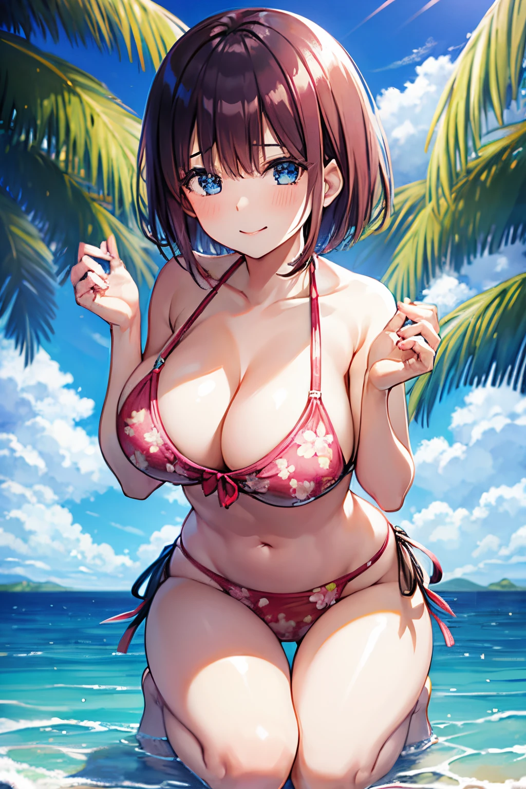 1 girl、Ichika　Nakano、Dark hair　short-hair、ruffle bikini　pink there　with floral pattern、By the sea　Palm trees、Armpit　Kneeling、a smile、huge tit、Toned abs