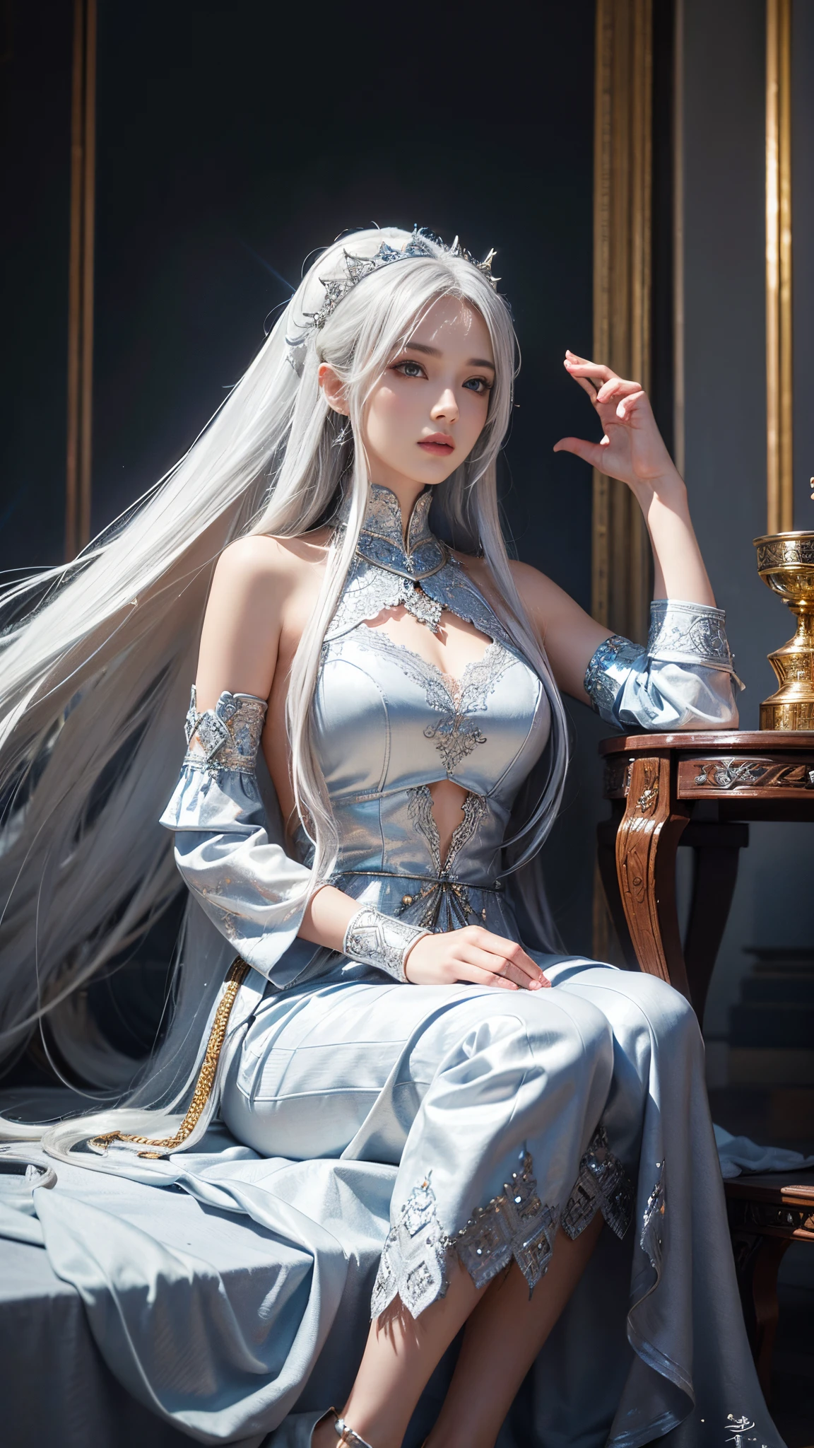model shoot, (1 girl), long hair, silver hair, Islamic warrior, silver outfit, laces, shining:1.5, hyper realistic, super detailed, Dynamic shot, masterpiece, scene sharp détails, perfect eyes, perfect skin, perfect hands, sitting,