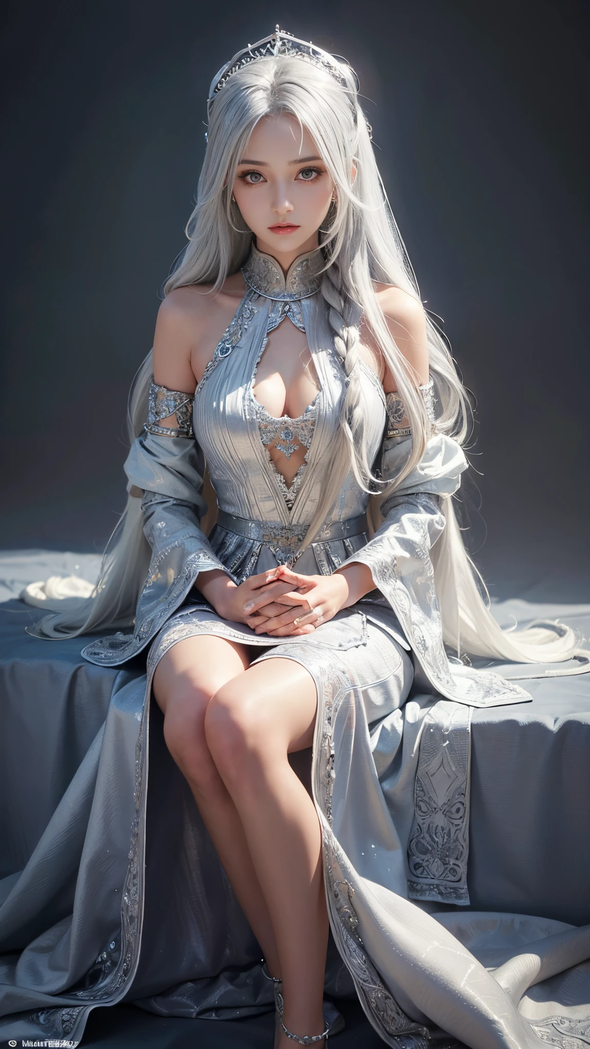 model shoot, (1 girl), long hair, silver hair, Islamic warrior, silver outfit, laces, shining:1.5, hyper realistic, super detailed, Dynamic shot, masterpiece, scene sharp détails, perfect eyes, perfect skin, perfect hands, sitting pose,