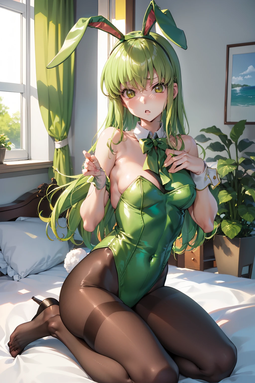 masutepiece, Best Quality, 1girl in, (C.C),Green head hair, (Green eye:1.2),((bunnygirl))、((Leotard))、length hair、((embarassed expression))、((Bedroom))、((rabbitears))、((highleg))、((pantyhose))、((Shoulder out))、((bare neck from shoulders))、((Kneeling))、((seductiv))