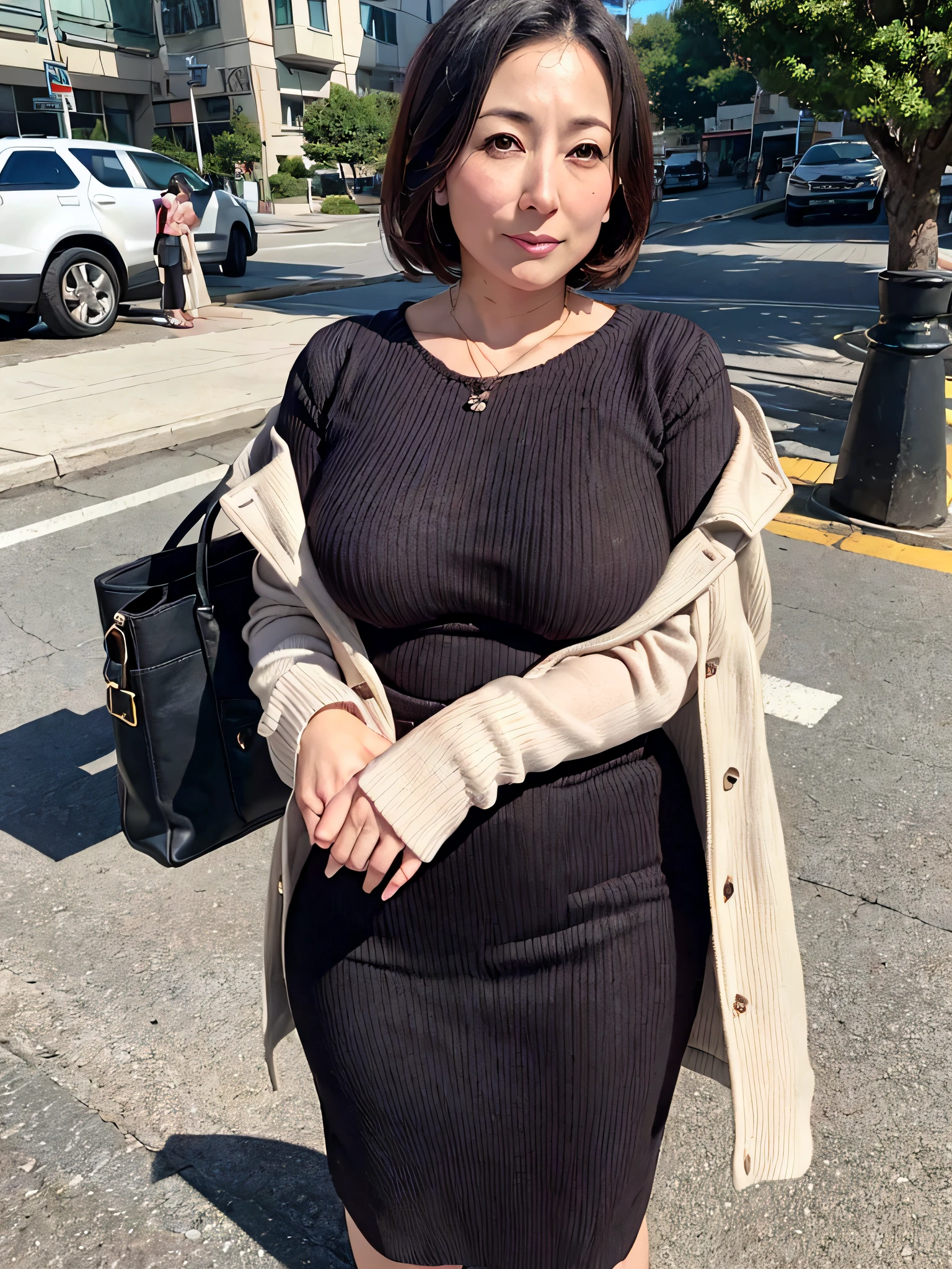 women in knits and skirts, Waiting for me on the sidewalk in front of the park, just one handbag, .45 years old. A woman similar to Hitomi Kuroki, Has big breasts of J cup. .Bewitching look.Short hair,Dress in a relaxed atmosphere,staring directly at camera