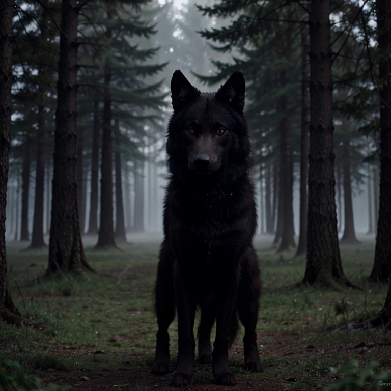 Black wolf in foggy Forrest