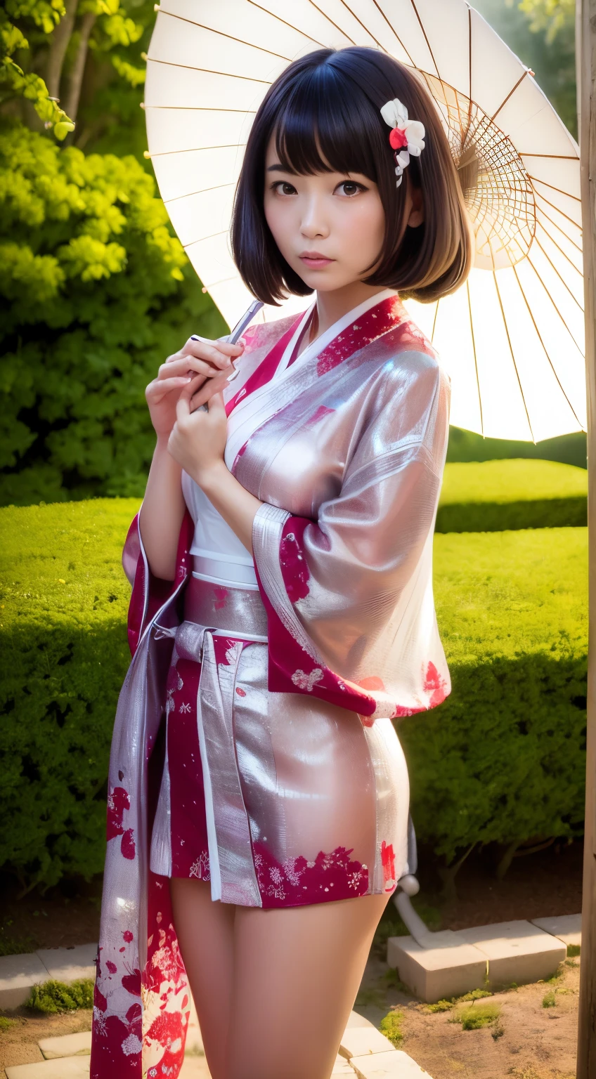 There is a woman wearing a kimono and holding a floral umbrella..., in a kimono, in a kimono, Kimono, pale and coloured kimono, Wearing kimono, wearing silver silk robe, japanese kimono, shikamimi, sakimichan, In silver silk robes, Anime Girl , goddess of Japan, Ayami Kojima Amano, portrait a woman like reol, Wearing a kimono