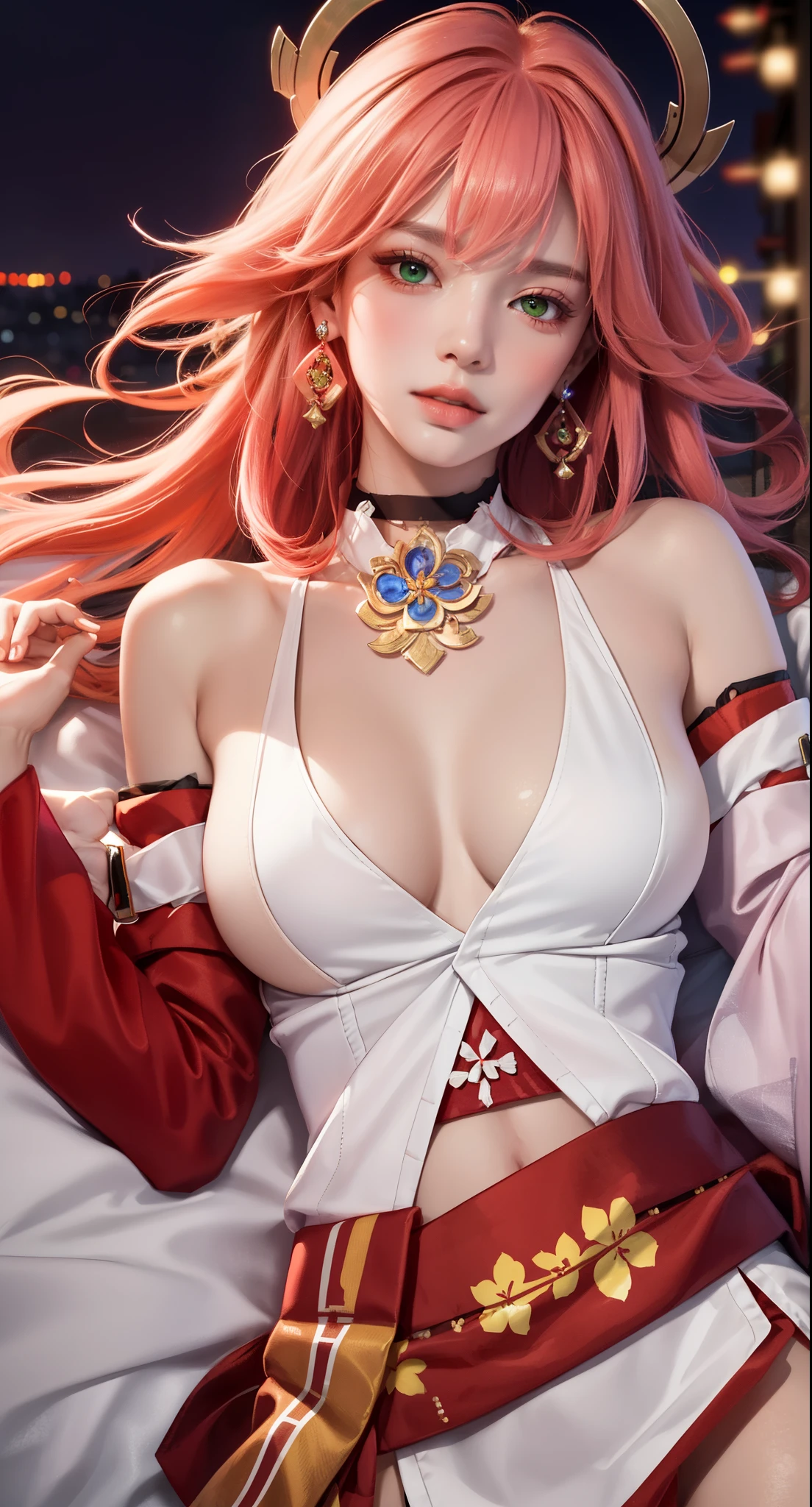 on bed, lying on bed sexy, (Masterpiece, Excellent, 1girl, solo, complex details, color difference), realism, ((medium breath)), off-the-shoulders, big breasts, sexy, Yae Miko, long pink hair, red headdress, red highlight, hair above one eye, green eyes, earrings, sharp eyes, perfectly symmetrical figure, choker, neon shirt, open jacket, turtleneck sweater, graffiti, dim lighting, alley, looking at the audience, ((mean, seductive, charming)), ((autumn background))), ((tokyo background)))), (((luminous background))), (dynamic pose), tulle, bare shoulders, blooming flower fields, radiant skin, faint smile, sexy, bust, no breast cover, naked, cocked ass, tummy look