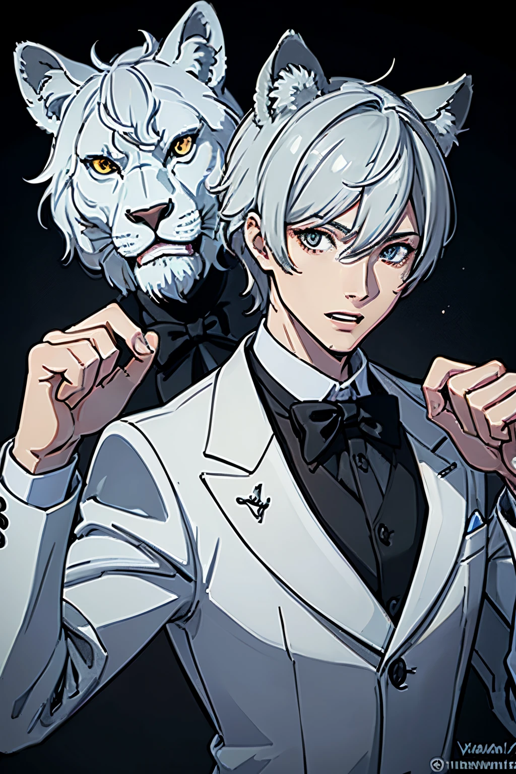 anthropomorphic man with silver lion face and large beast canines, lion mask, in a tuxedo , in low pole rendering with a bow tie, he has his mouth open with teeth showing, his hands are in the shape of monster claws and are directed towards the camera , un rendu low poly par Kanbun Master, reddit, digital art, Photo de profil Discord, fvckrender, Discord PFP, Portrait NFT, elegant, Il porte un haut-de-forme, Samdoesart, SamdoesArts, L’art NFT, masque blanc