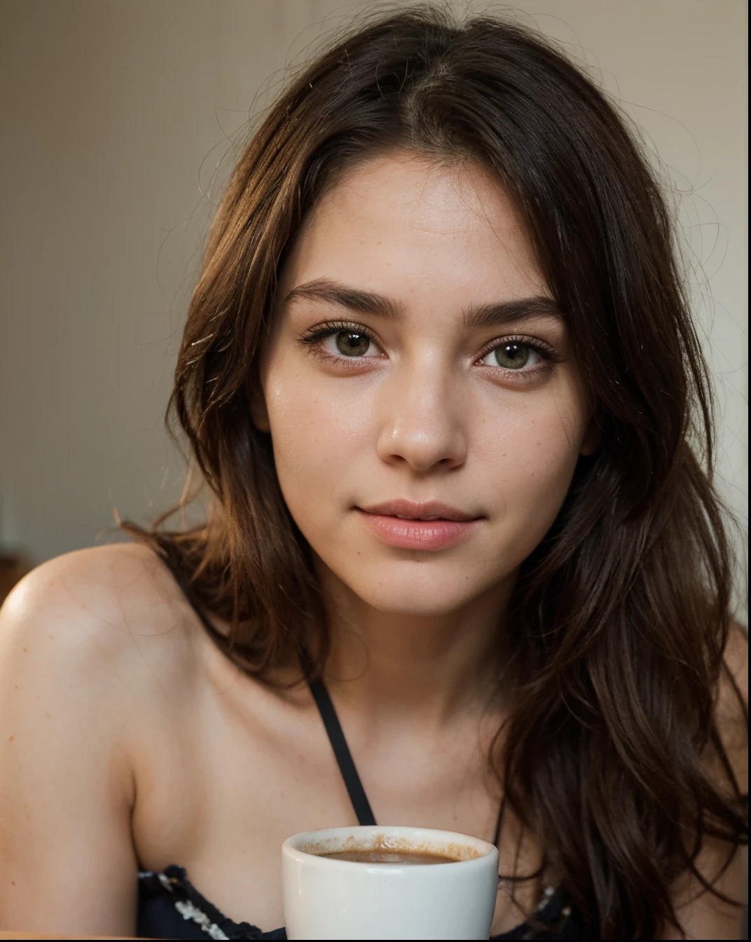 Cute beautiful sexy European light-green-eyed brunette, 22 years old,
sitting at a table, a cup of coffee is sitting on the table in front of her,
tiny waist, very detailed, innocent face, face-length 1.3 times the face-width, almond-shaped eyes, squared face-shape, high cheekbones, naturally wavy hair, light-green eyes, high-res, masterpiece, best quality, intricate details, very detailed, sharp focus, detailed skin, realistic skin texture, texture, detailed eyes, professional, 4k, charming smile, shot with Canon, light depth of field, Kodak Vision color, perfectly fitting body, extremely detailed, photo_\( ultra\), photorealistic, realistic, post processing, maximum details, roughness, real life, ultrarealistic, photorealism, photography, 8k UHD, photography