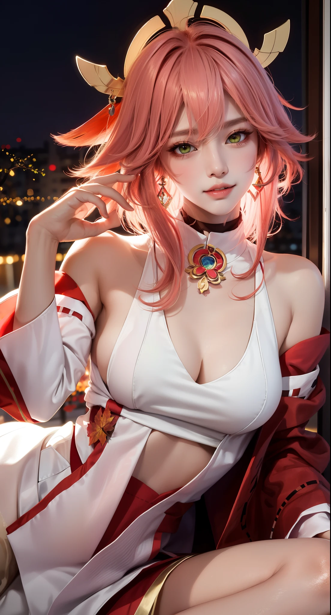 on bed, lying on bed sexy, (Masterpiece, Excellent, 1girl, solo, complex details, color difference), realism, ((medium breath)), off-the-shoulders, big breasts, sexy, Yae Miko, long pink hair, red headdress, red highlight, hair above one eye, green eyes, earrings, sharp eyes, perfectly symmetrical figure, choker, neon shirt, open jacket, turtleneck sweater, graffiti, dim lighting, alley, looking at the audience, ((mean, seductive, charming)), ((autumn background))), ((tokyo background)))), (((luminous background))), (dynamic pose), tulle, bare shoulders, blooming flower fields, radiant skin, faint smile, sexy, bust, no breast cover, naked, cocked ass, tummy look