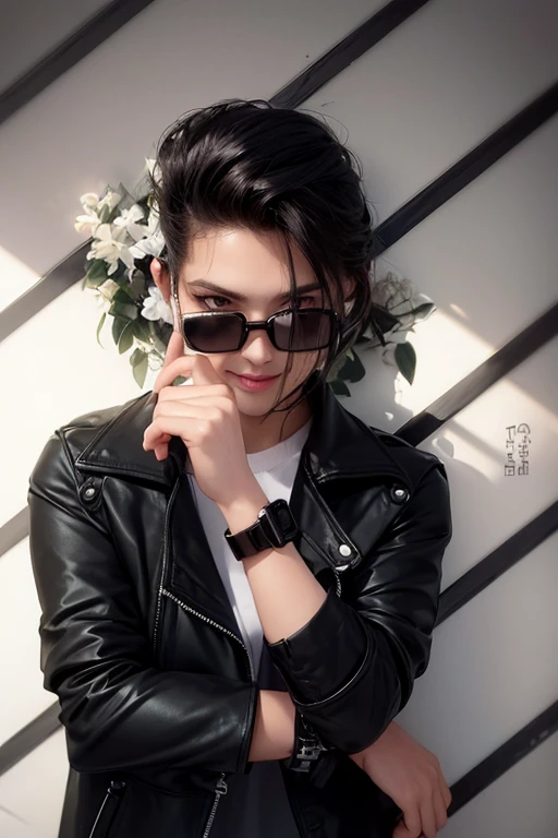 there is a woman with a black jacket and sunglasses on, looking heckin cool and stylish, its name is greeny, casual photography, portait photo profile picture, mohamed chahin style, potrait, with a cool pose, it\'s name is greeny, profile photography, realism artstyle, with sunglass, with lovely look, ayan nag