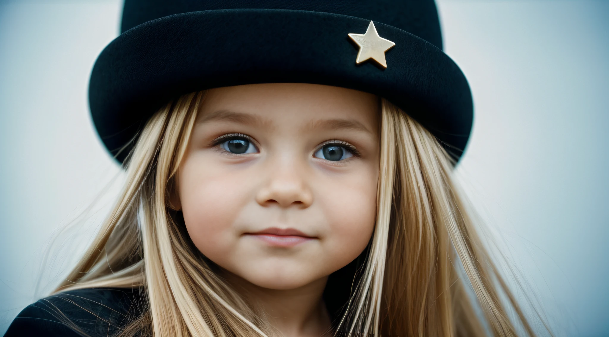 a close-up of a blonde  with long hair and a black hat with a star, URSS, boina preta com uma estrela vermelha, russo, Russia, kalap, Eslavo, boina preta, 1972 soviético, CCCP, plush