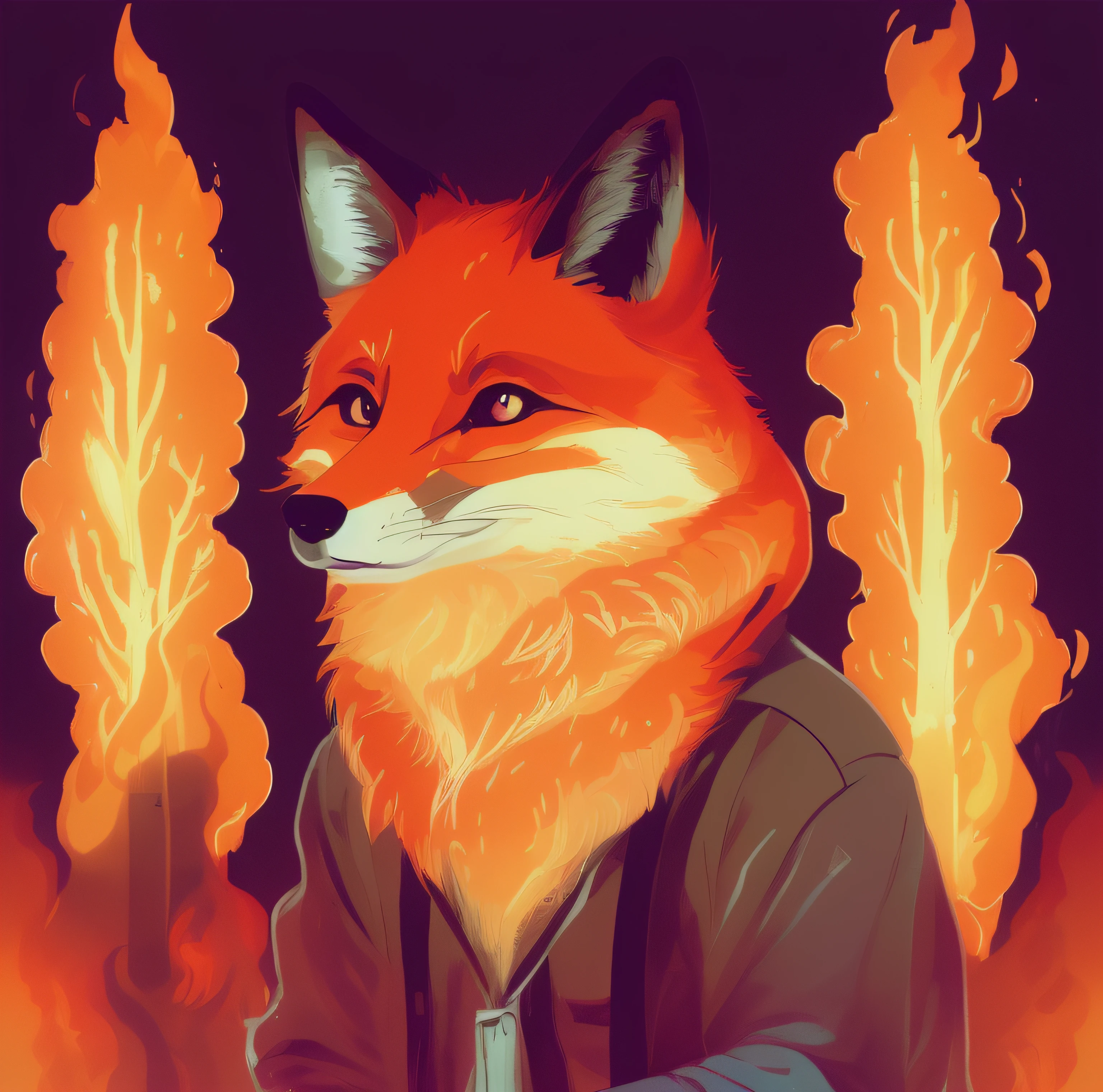 illustration of a fox in a jacket and tie in front of a bonfire, raposa digital, anthropomorphic fox, an anthropomorphic fox, Cientista da Raposa, Nick Wilde, raposa, tonic the fox, uma raposa antro, Pessoas Fox, Retrato de uma raposa antro, raposa em jaleco, animal raposa, Jen Bartel, raposas