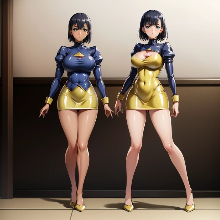 Masterpiece, Best Quality, Highly detailed, illustration, absurdres, 1girl, solo, expressionless, blank eyes, looking at viewer, emotionless, corrution, mind control, female combatant, full body, hypnotized, unhappy trance, both arms at side, obey, perfect female body, extremely glossy latex, hypnosis, hypnoLora, empty eyes, Mind control device, arm at side, stand up straight, standing, standing at attention, latex, gold delmo uniform, golden delmo uniform, delmo uniform, tight miniskirt, pencil skirt, ultra-detailed, Explicit, Beautiful body, Beautiful Nose, Beautiful character design, perfect eyes, perfect face, ultra highres, 4K, beautiful legs, perfect legs, Nice hands, Perfect hand, Dark skin, black hair, short hair, blue eyes, puffy sleeves, looking at viewer, light reflect on clothes, (golden delmo uniform, gold metal foil uniform, gold delmo, golden sleeve, red stripes, tight golden miniskirt, gold shoes), SummerTime Rendering, Kofune mio, gold latex,