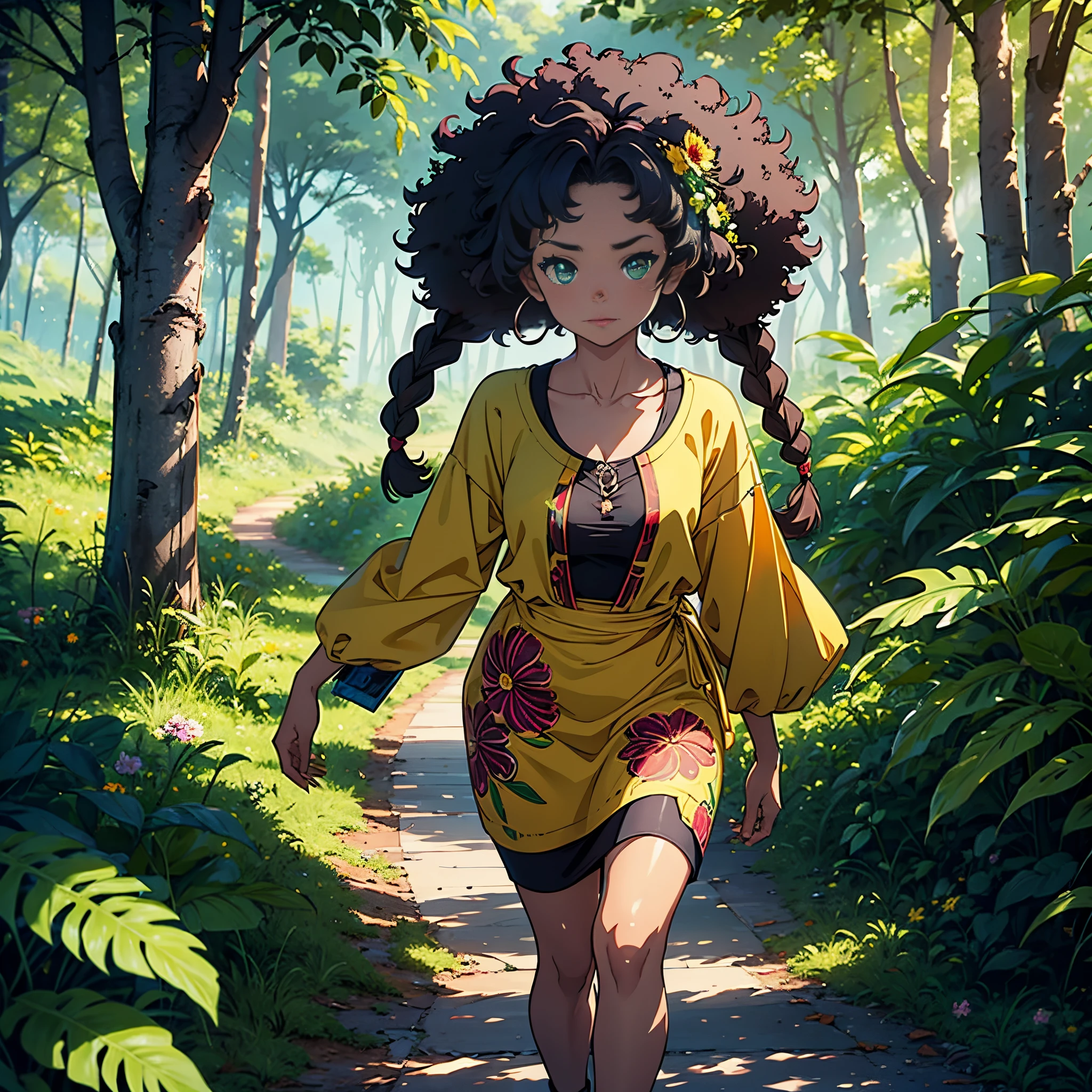 create a GOBLIN hybrid girl of nature 15 years old hair braids green eyes color yellow skin Felipe dark brown afro anime with bright green African print in tribal clothing from Africa walking in the forest holding a flower anime quality CG